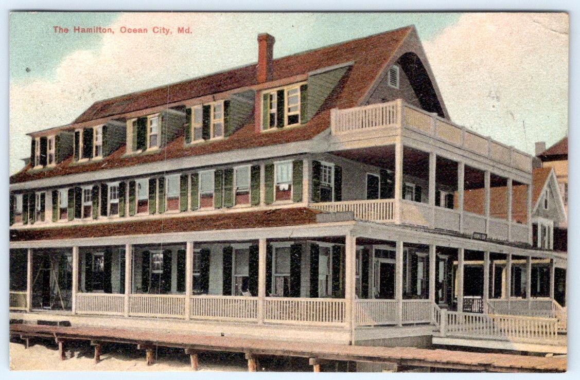 1909 OCEAN CITY MD THE HAMILTON HOTEL BOARDWALK ANTIQUE BEACH POSTCARD