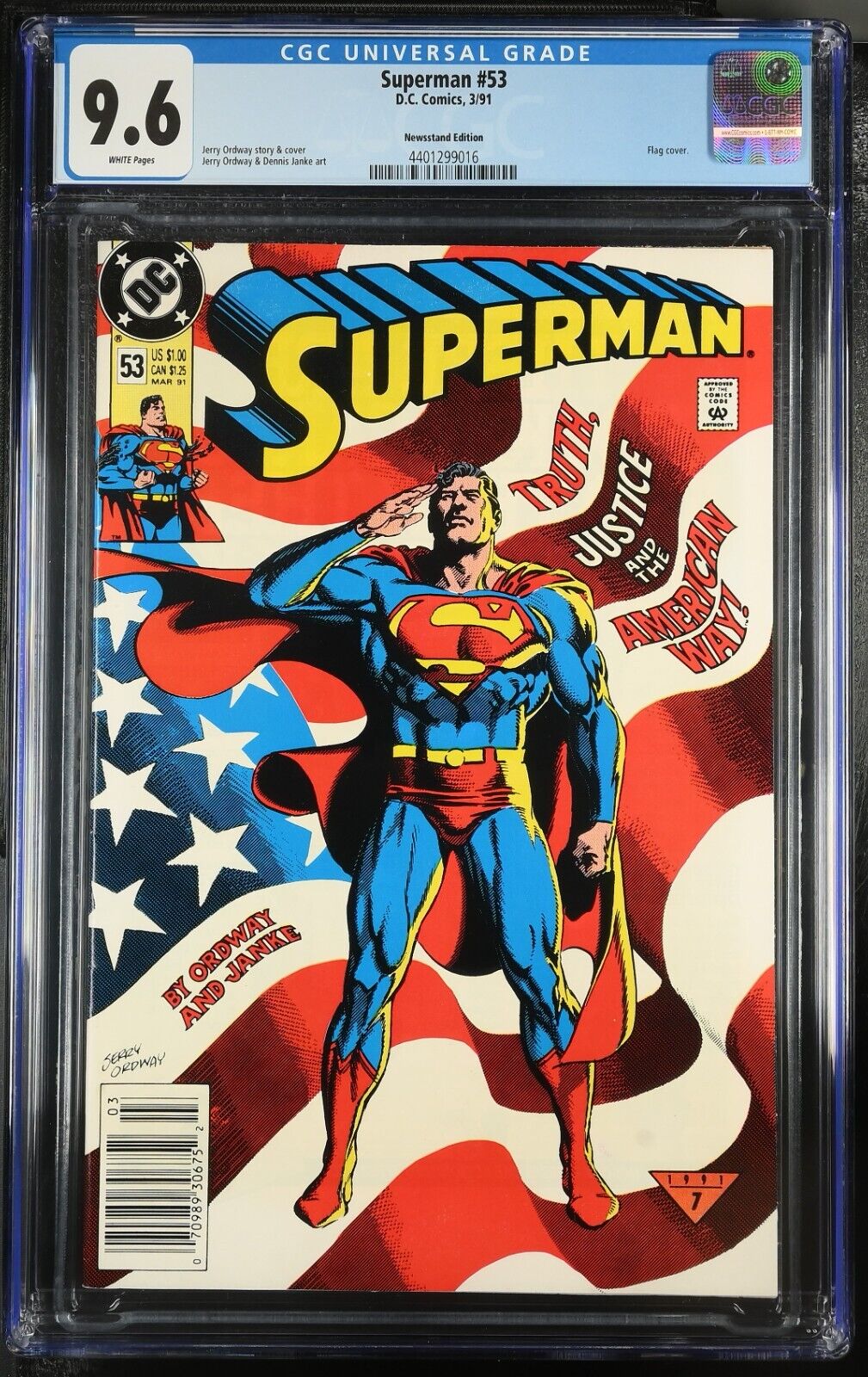 SUPERMAN #53 CGC 9.6, 1991, NEWSSTAND EDITION, CLASSIC FLAG COVER