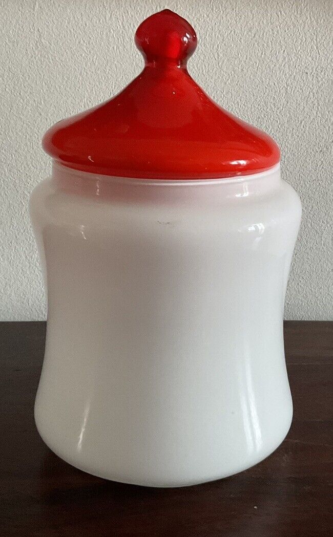 Lovely Vintage Empoli Red And White Lidded Glass Jar
