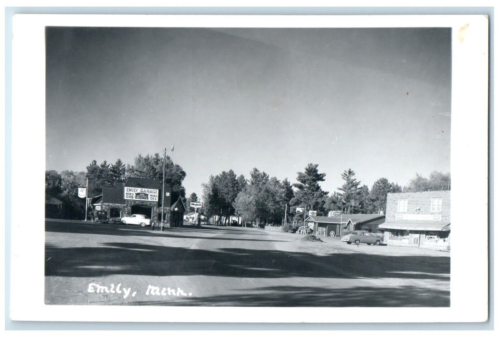 1962 Garage Mobilgas Market Emily Brained Minnesota MN RPPC Photo Postcard