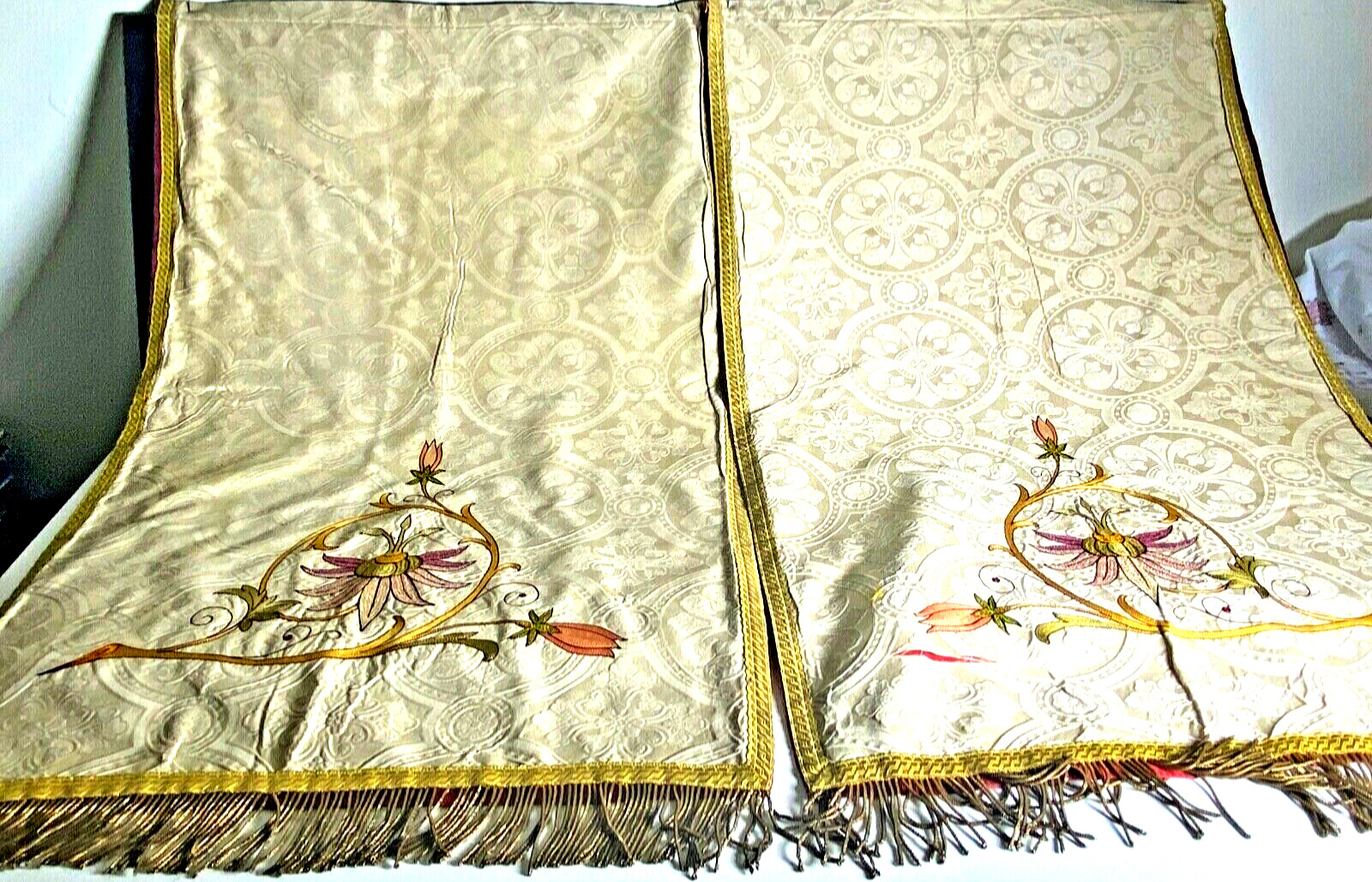 Pair Antique French Art Deco Tambour Silk Embroidered Damask Panels  WW25