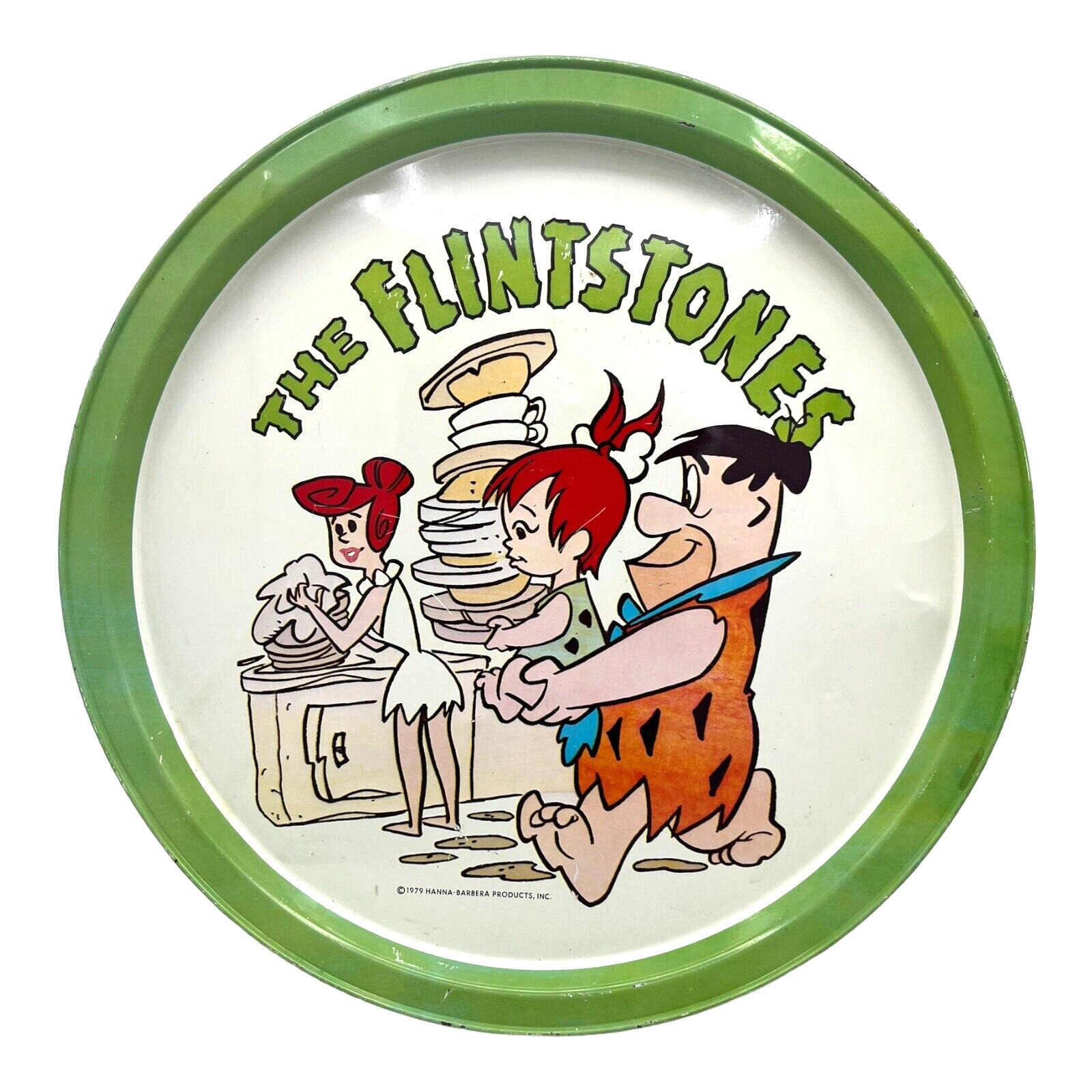 Green 1979 Hanna-Barbera The Flintstones Metal Tin Round Serving Tray 10.75\