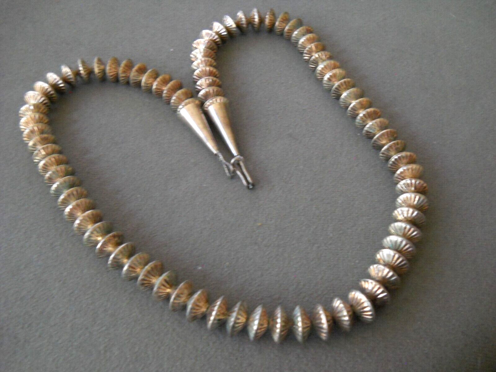 Old Native American Navajo Pearls Sterling Silver Fluted Bead Necklace 24\