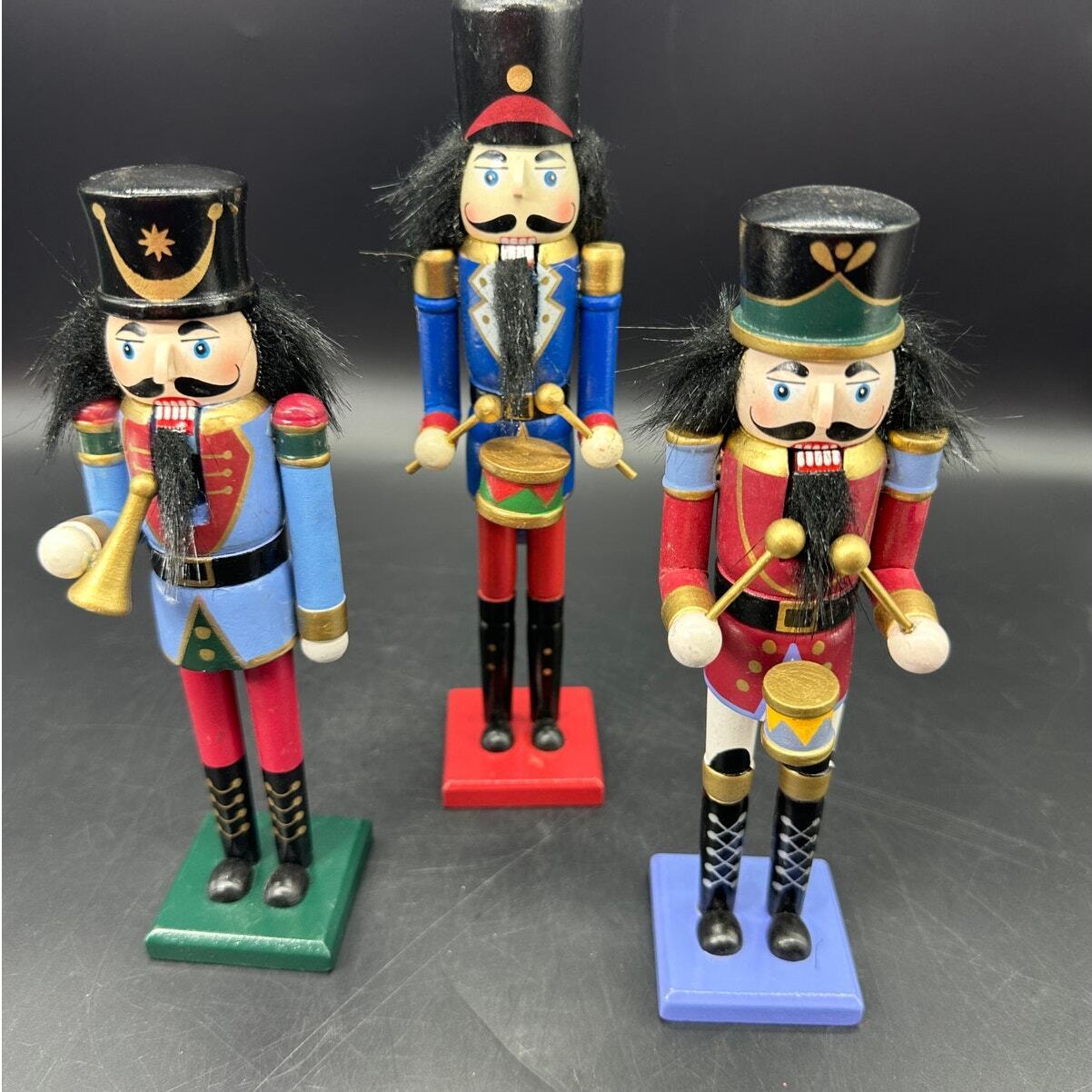 Nutcrackers Set of 3 Musician Soldiers Wooden 8-9 inches Drummers Bugle