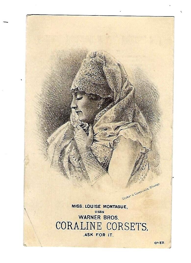 c1880 Trade Card Coraline Corsets, Miss. Louise Mortague, Shober & Carqueville