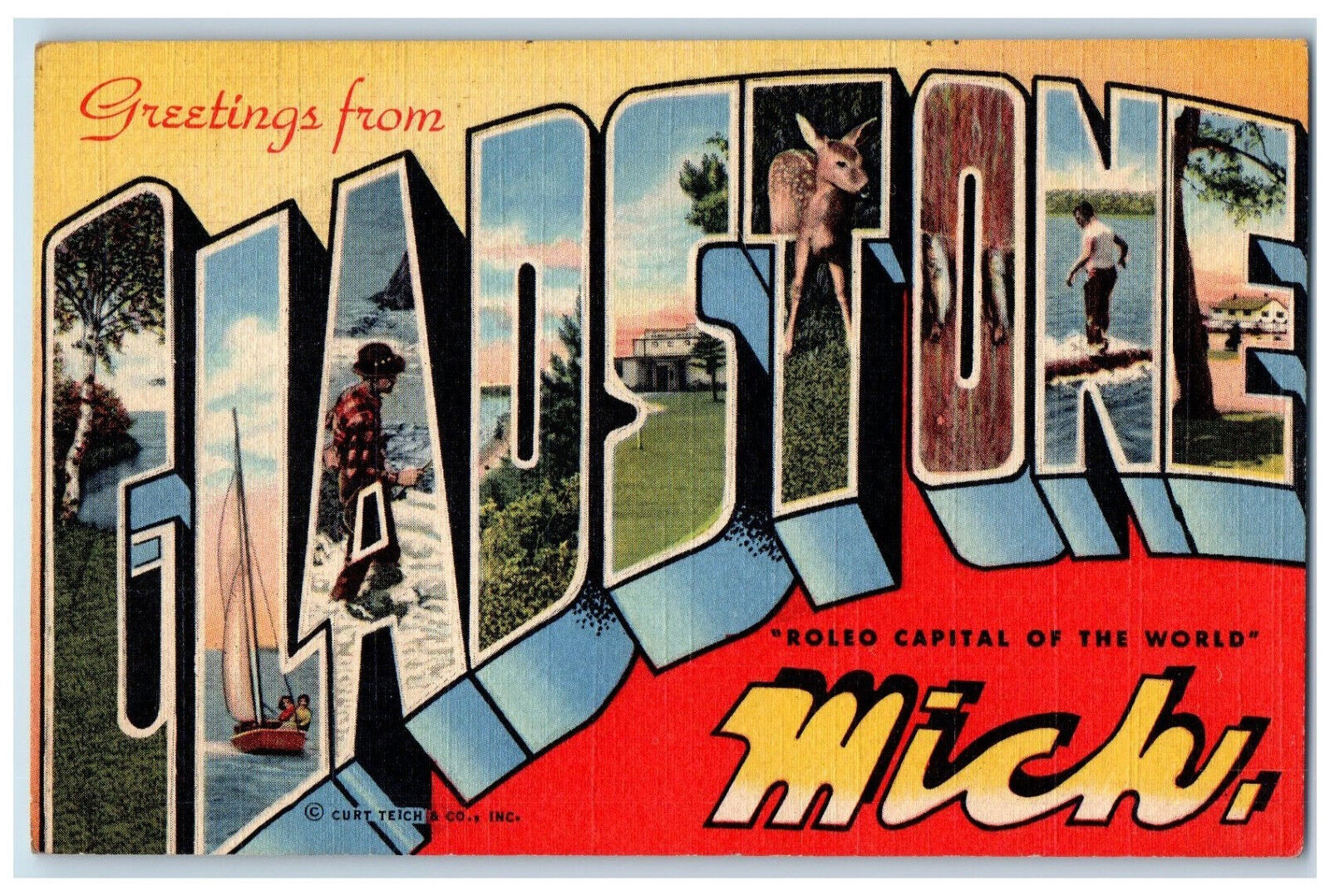 c1940\'s Big Letters, Greetings from Gladstone Michigan MI Vintage Postcard