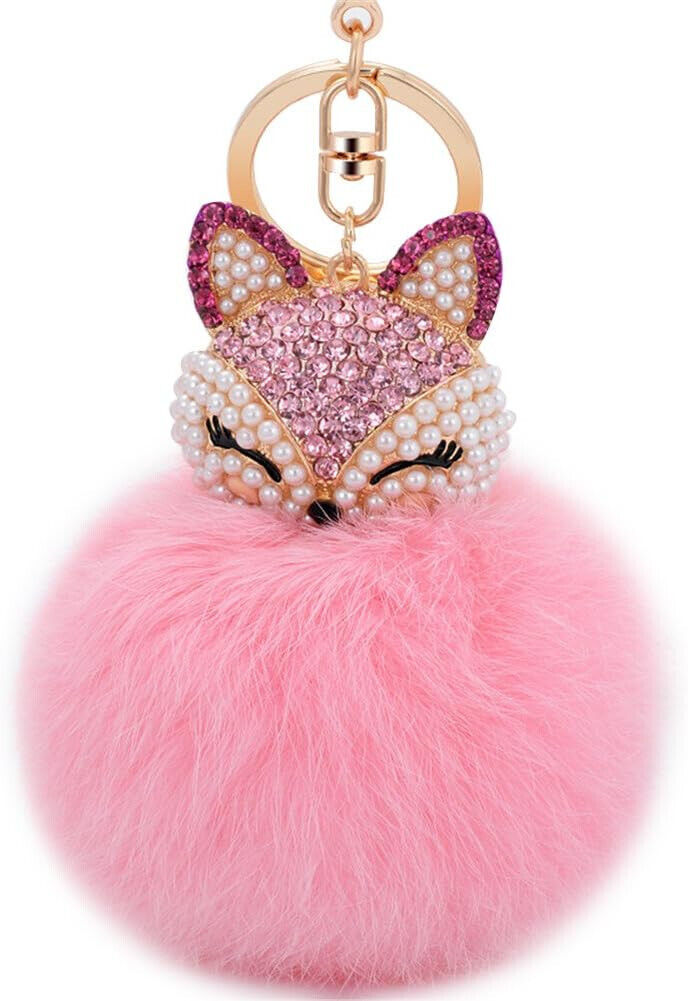 Adorable Kitty CAT Pink PUFF Rhinestone PURSE CHARM Clip On KEY RING Key Chain