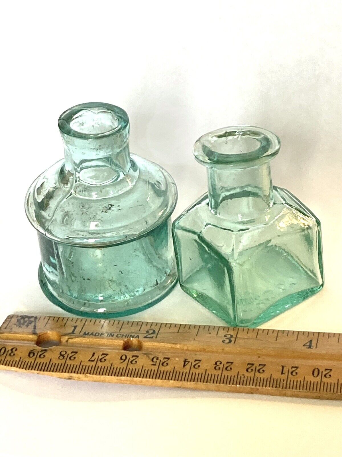 2 Green Square FACETTED SHOULDERS Old Antique Glass Bottles Bubbles