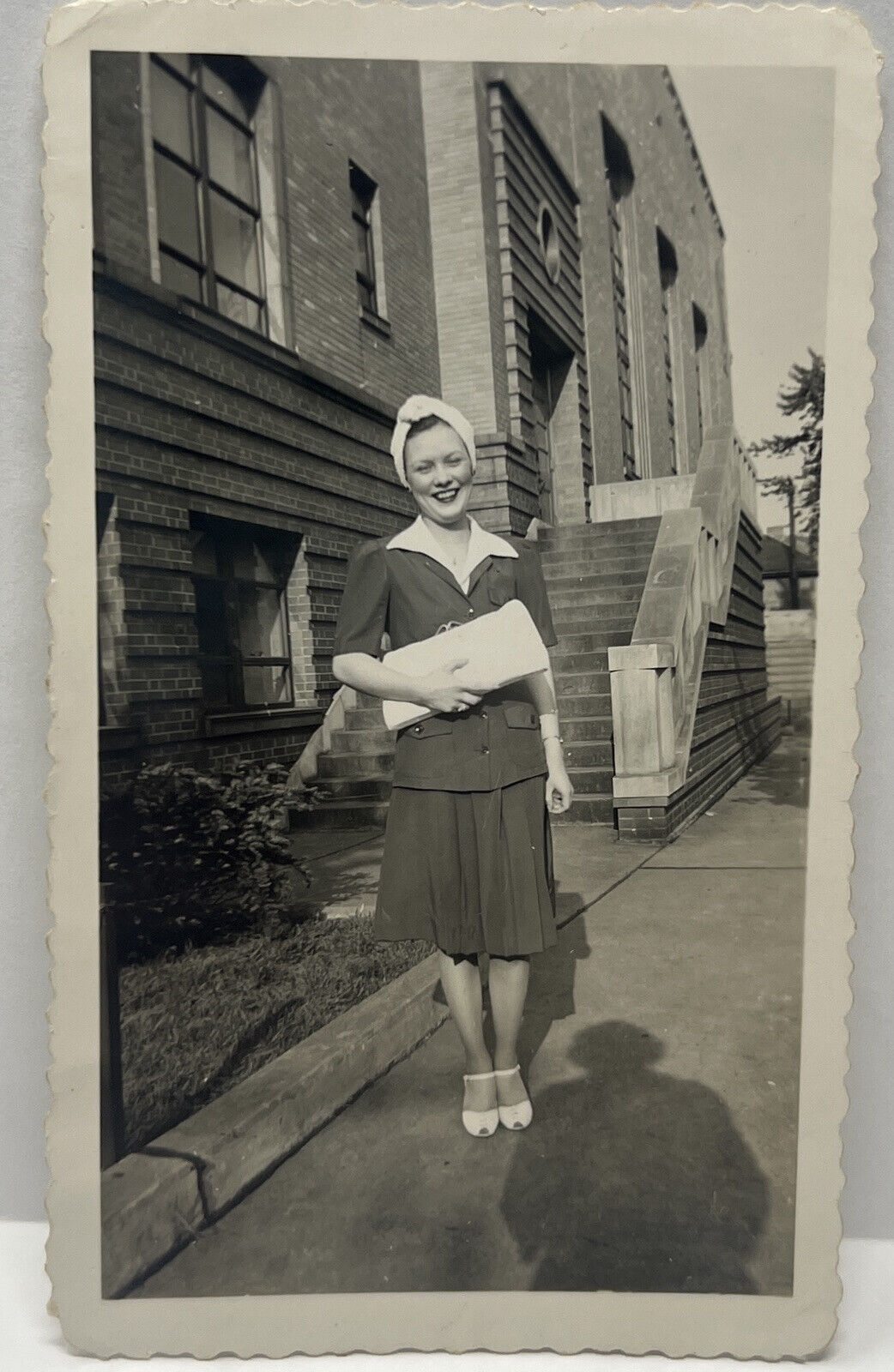 Vintage Photo 1948 Teen Girl Smiling Clutch purse Highschool ohio