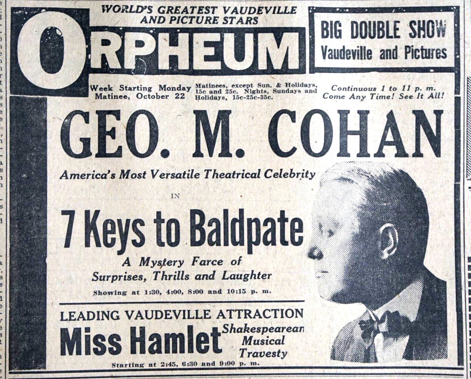 1917 Detroit Newspaper Vaudeville & Movie Page - Rare George M. Cohan Ads