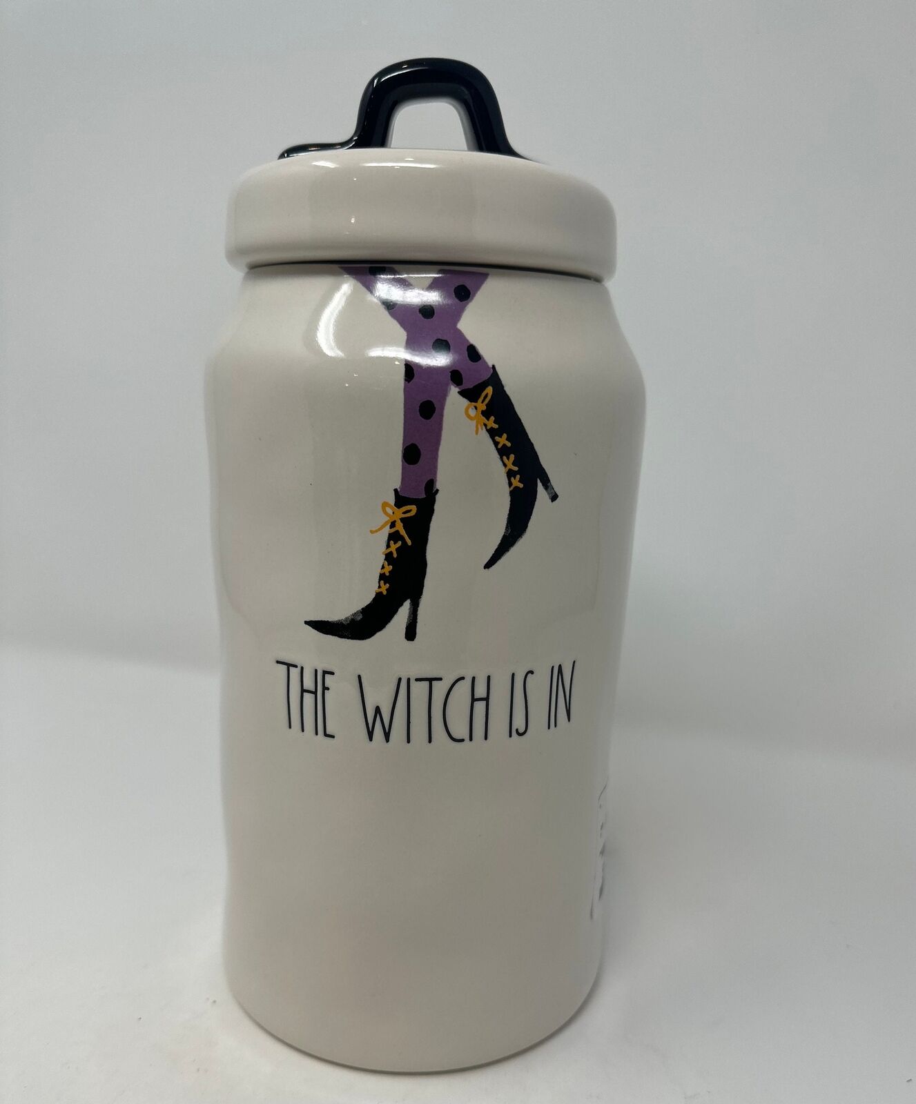 Rae Dunn Halloween White Witch icon canister, The WITCH IS IN Witch legs icon C