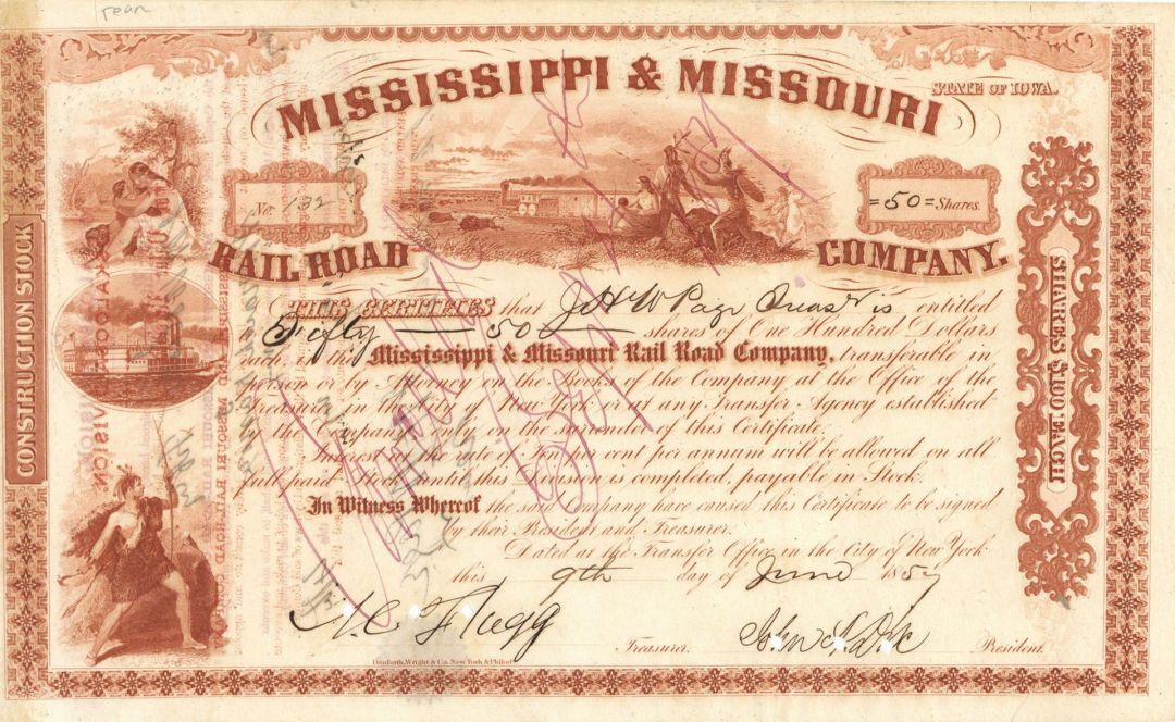 General John A. Dix signed Mississippi and Missouri Railroad Co. and Portrait- S