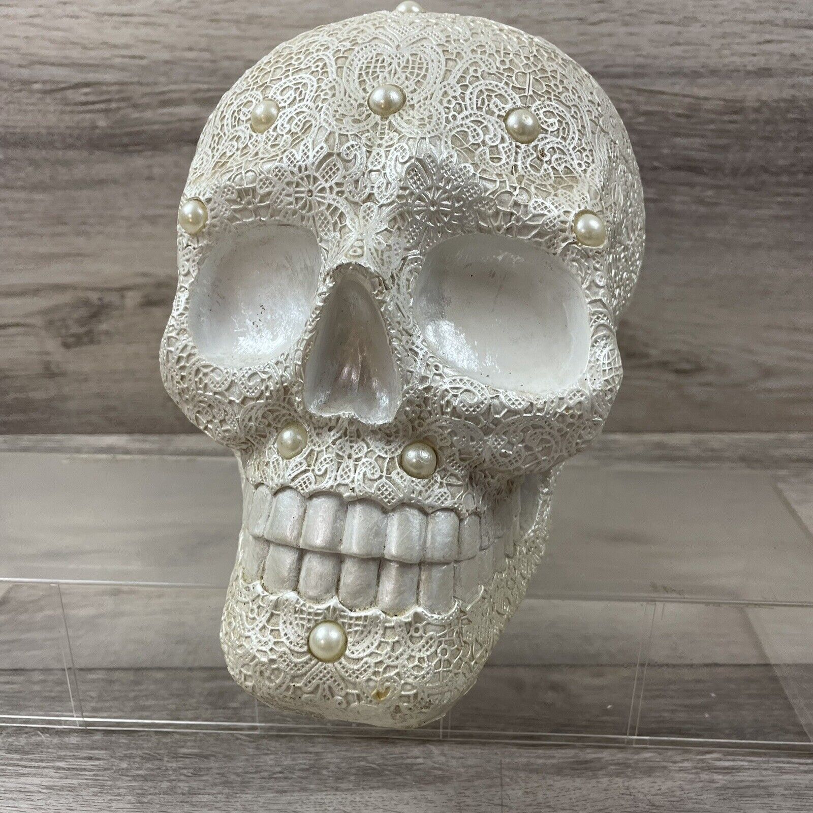 Skull White Lace Pearl Decor Sugar Skull Halloween Spooky Wedding
