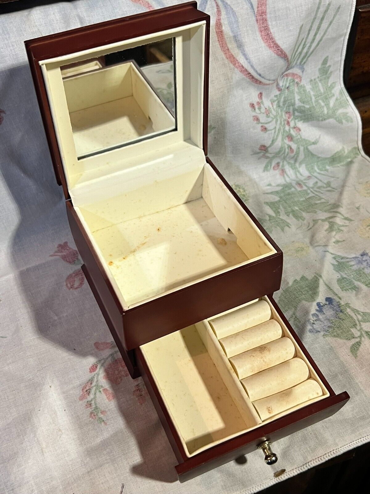 Small Wooden Jewelry Box W/Drawer And Lifting Lid White Interior Felt Bottom
