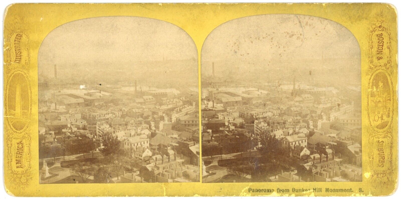 c1900's Real Photo Stereoview Panorama From Bunker Hill Monument Boston MA