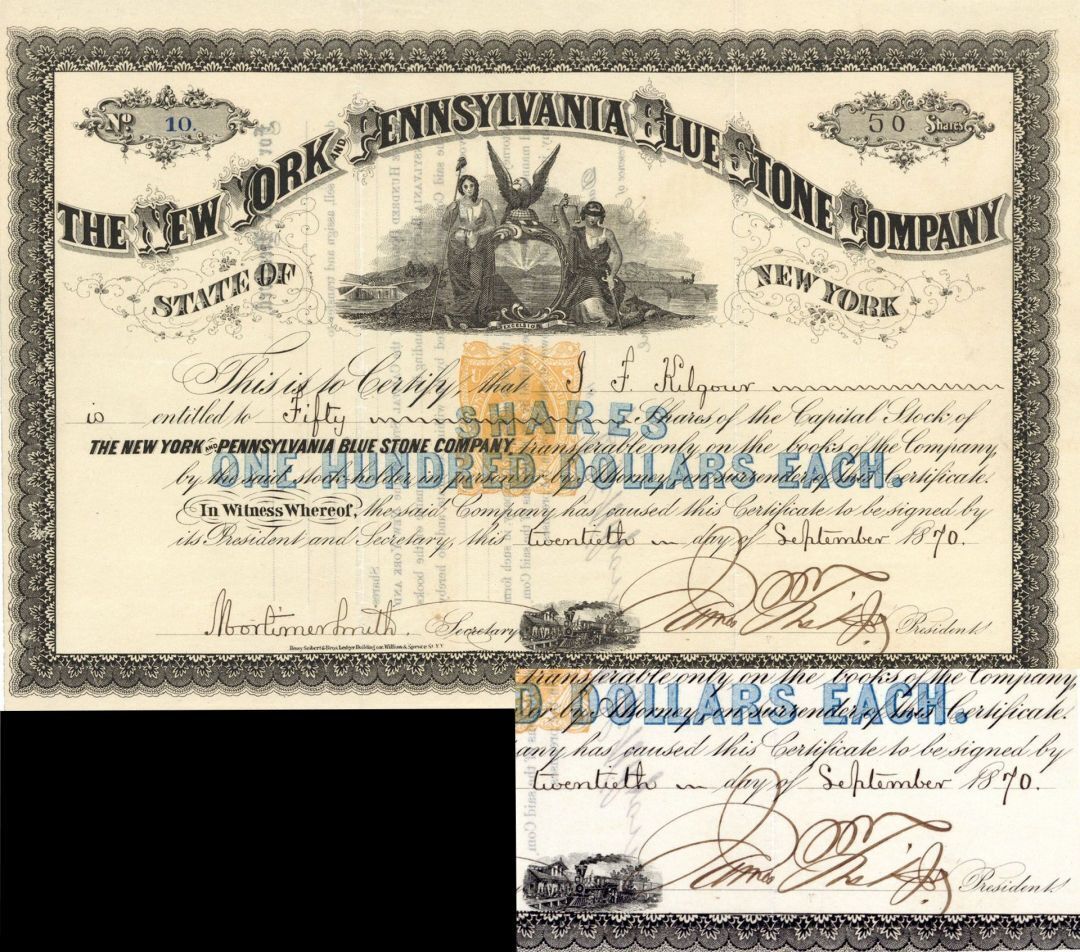 New York and Pennsylvania Blue Stone Co. signed by James Fisk, Jr. known as \