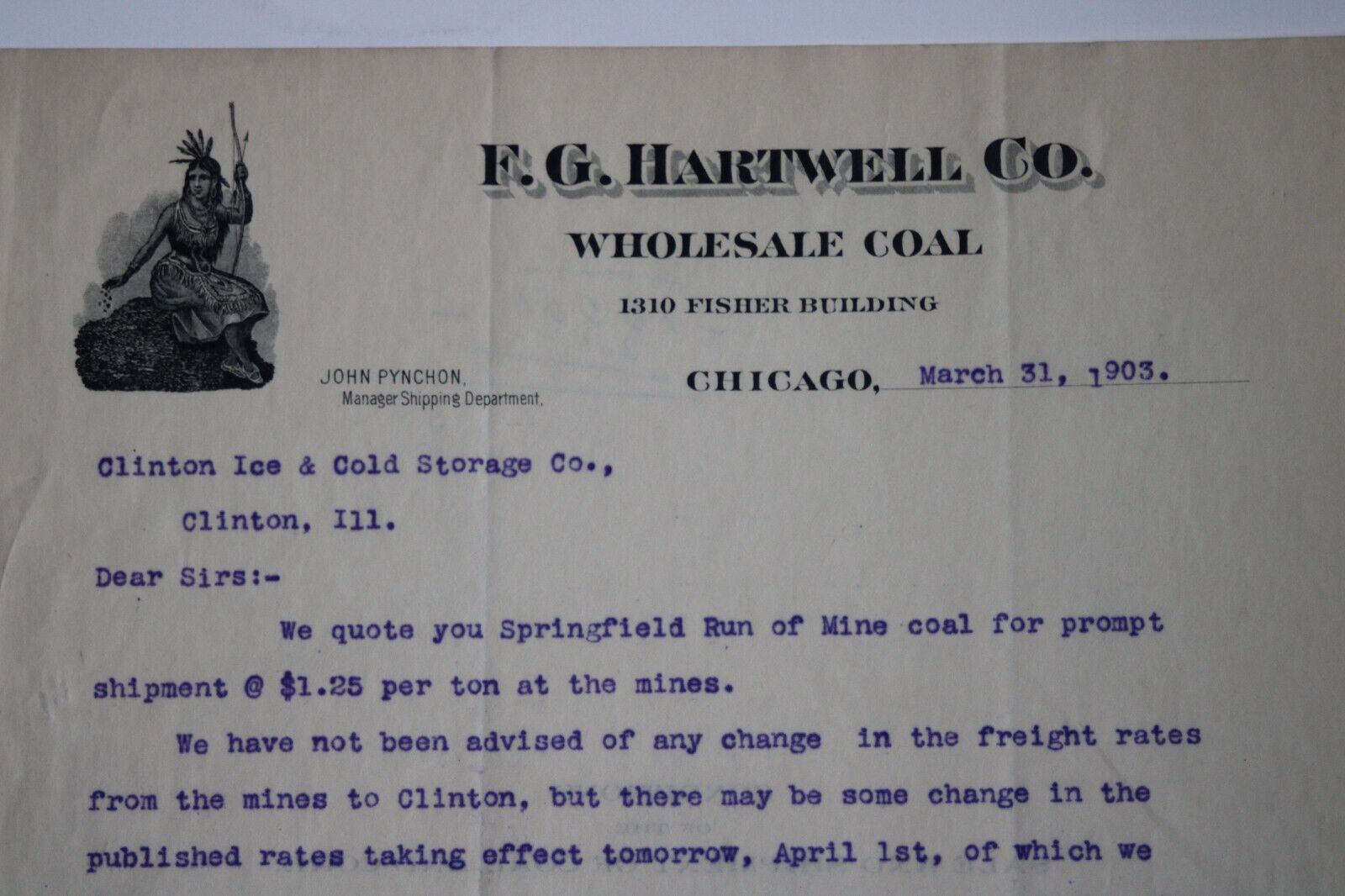 1903 F.G. Harwell Co. Chicago Il . Wholesale Coal Price Quote Letterhead Indian