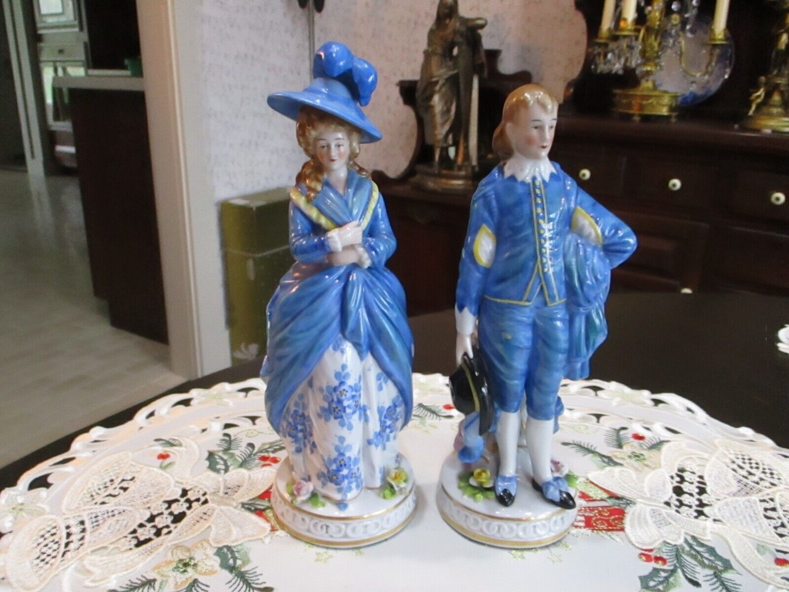 Antique Pair Gentleman & Lady Sitzendorf Saxonian Dresden Germany Blue Flowers