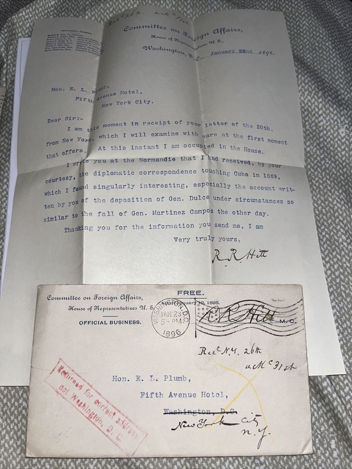 1896 Letter Foreign Affairs Chair Congressman Hitt: Cuban General Dulce & Campos