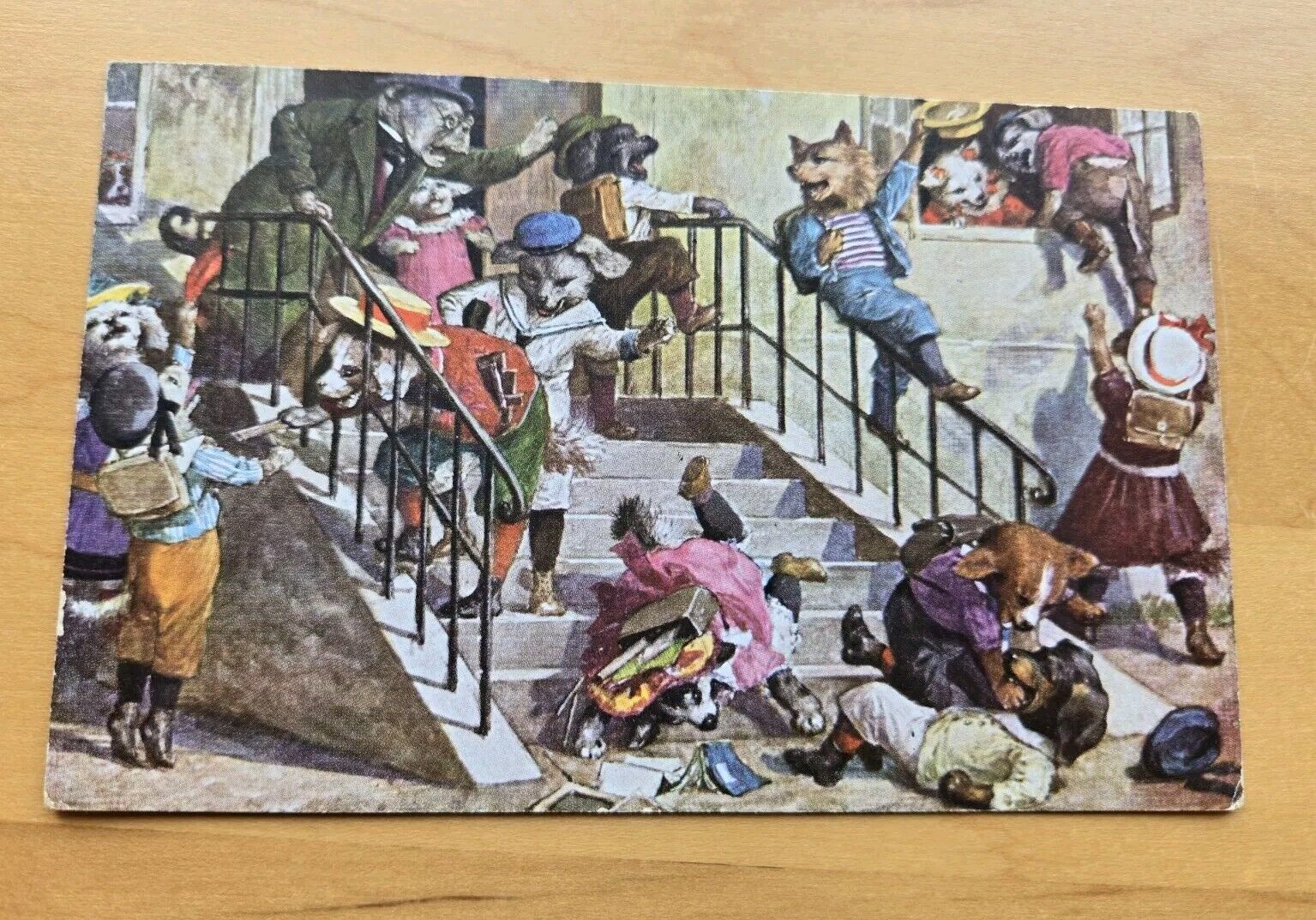 Anthropomorphic Dressed Dogs Fighting And Acting Out Fantasy Postcard