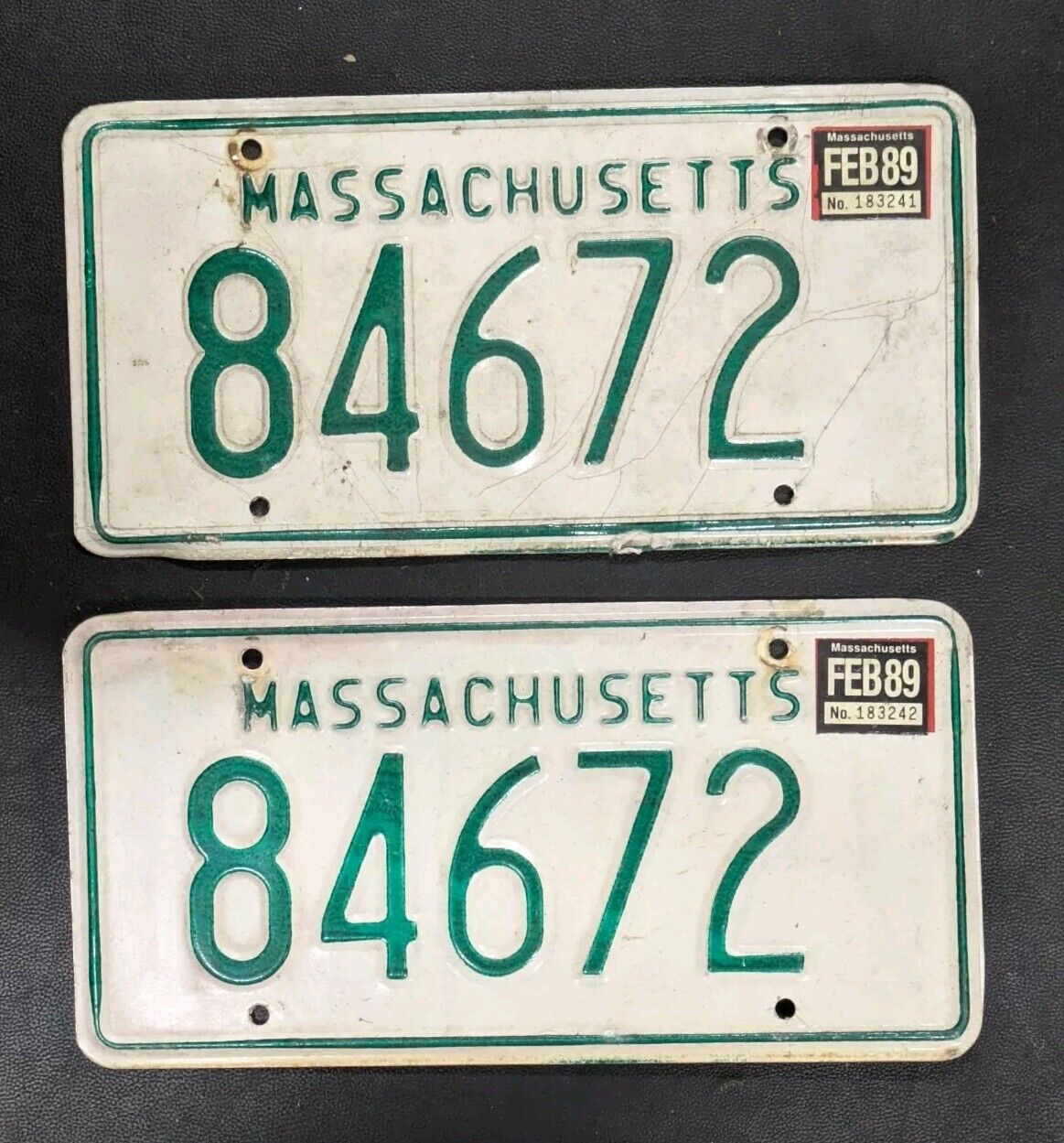 Vintage Pair 1980\'s Massachusetts 84672 Green License Plate Tag 1989 Greenie