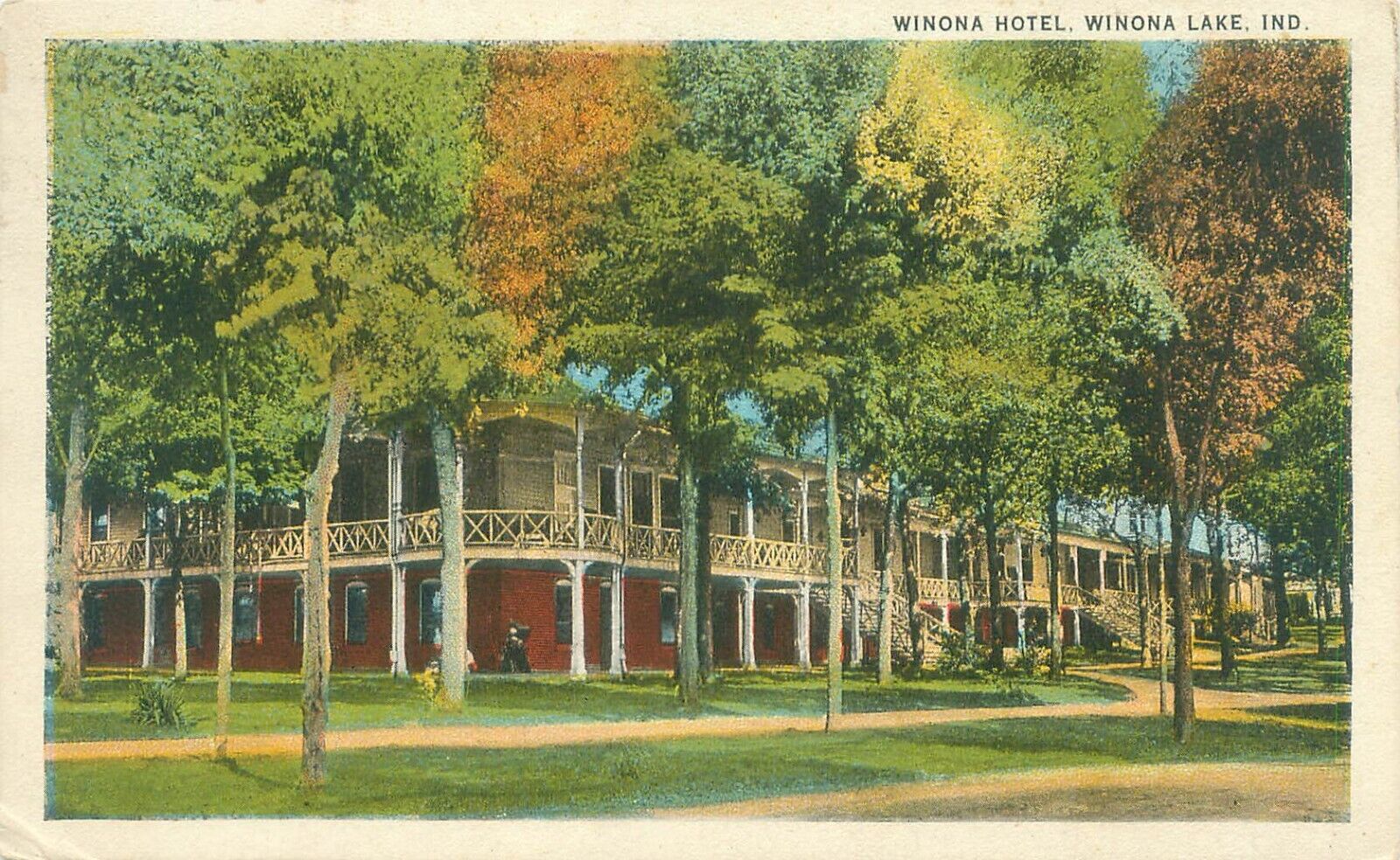 Winona Lake Indiana Winona Hotel Fall Foliage 1924 White Border Postcard Used