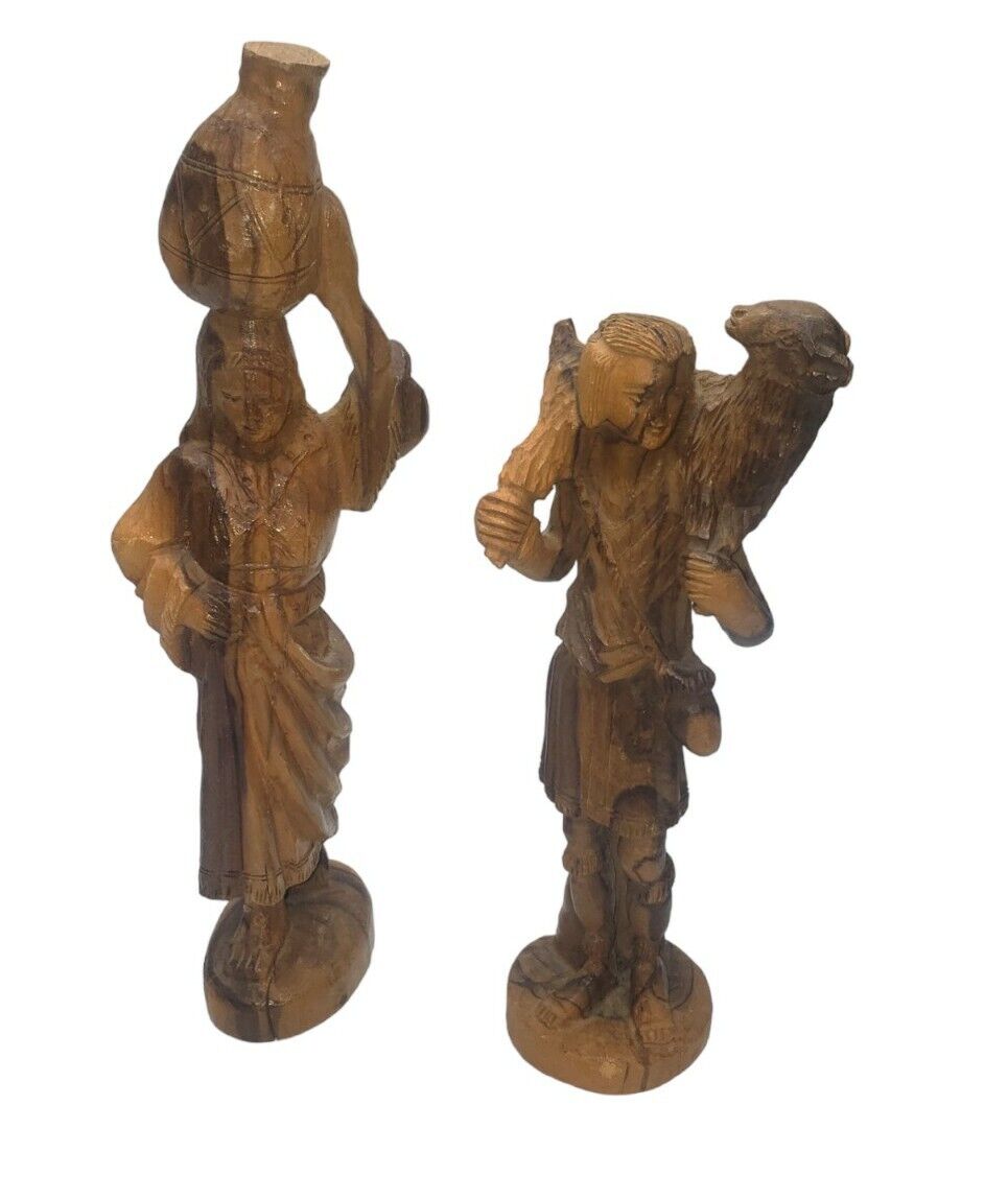 Vintage Hand Carved Wooden Biblical Figures Pair Olive Wood Made In Israel