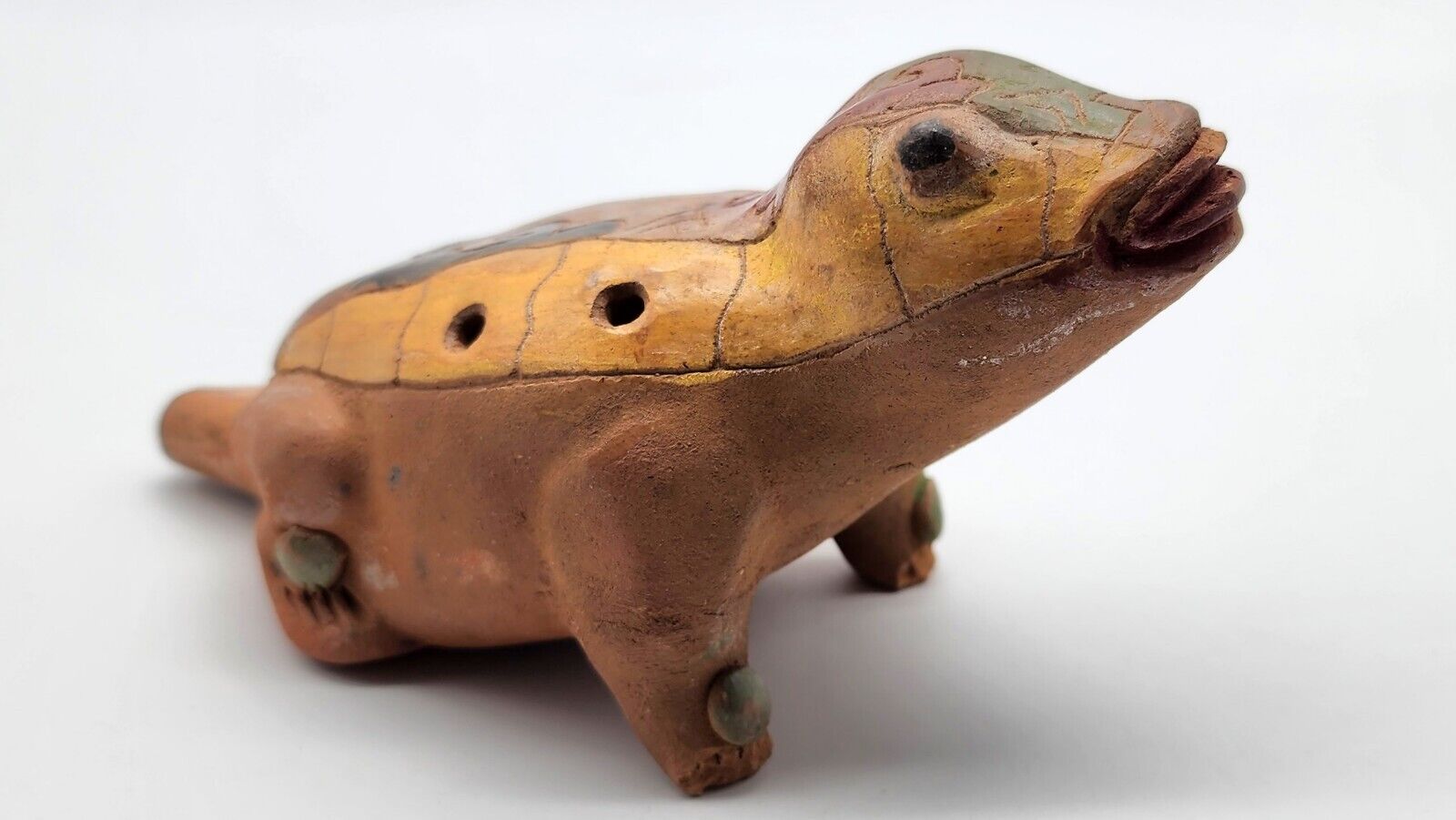 Antique South American Painted Pottery Lizard Flute / Ocarina