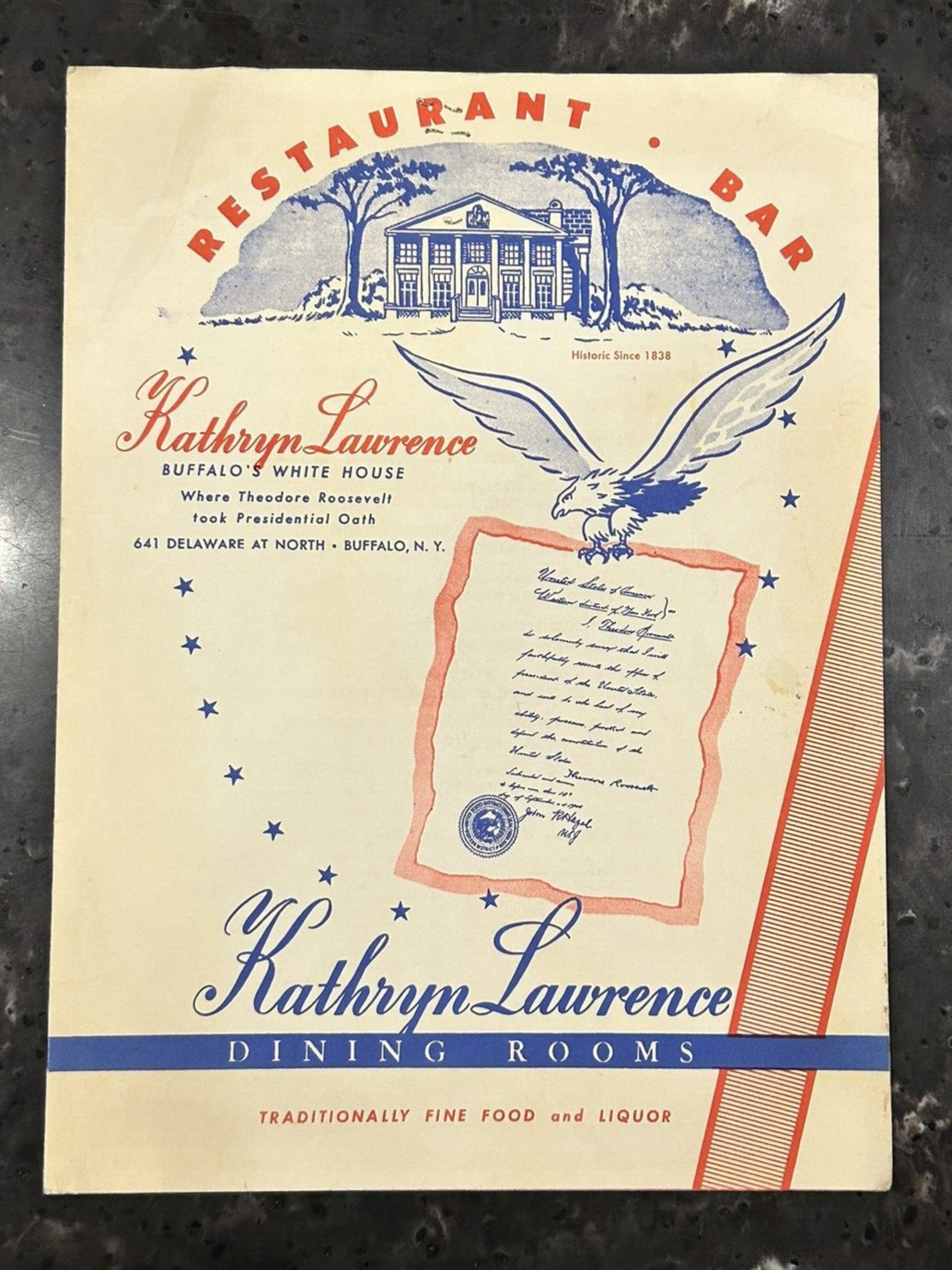 Vintage Kathryn Lawrence Menu - Where Theodore Roosevelt took Presidential Outh