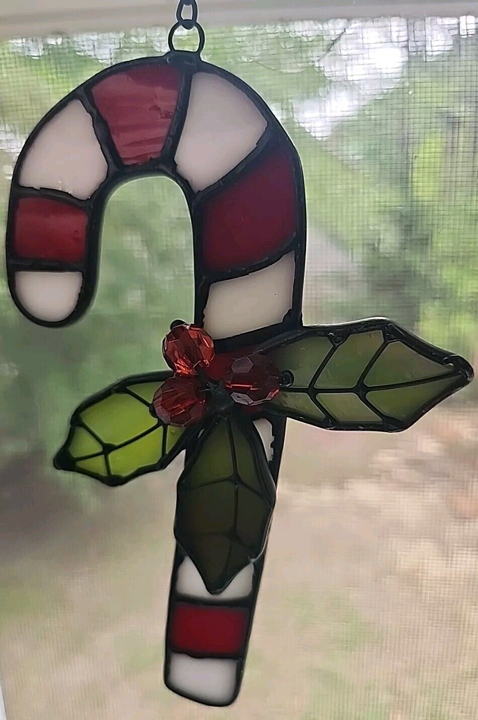 Vintage Handmade Stained Glass Christmas Candy Cane Sun Catcher Ornament