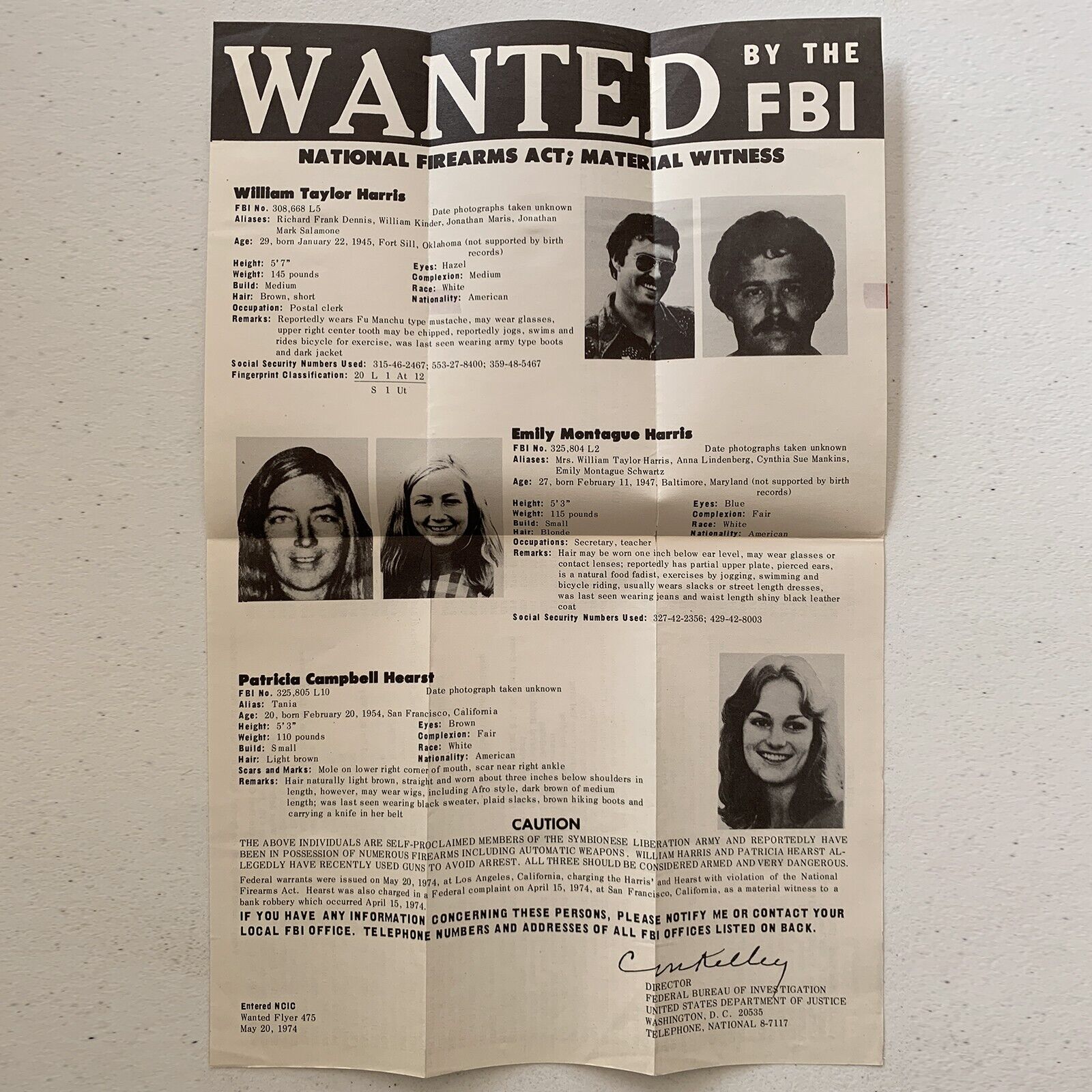 PATTY HEARST FBI Wanted Poster Original May 20, 1974 – SLA members *Vintage*