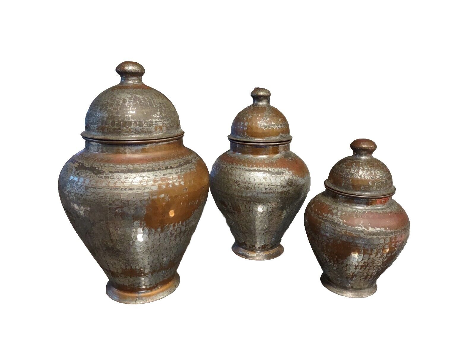 Unique Ottoman Treasures 3 Handmade Hammered Copper w/Silver Overlay Turkish Urn