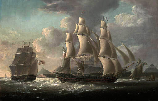 Oil George Webster-Royal naval frigates and an armed cutter off a west island