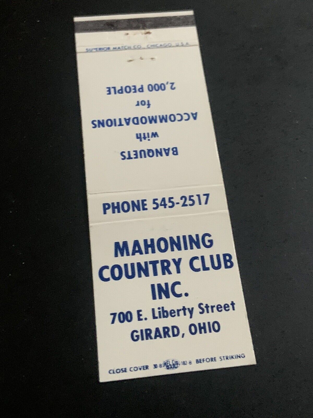 Vintage Ohio Matchbook “Mahoning Country Club” Girard, OH