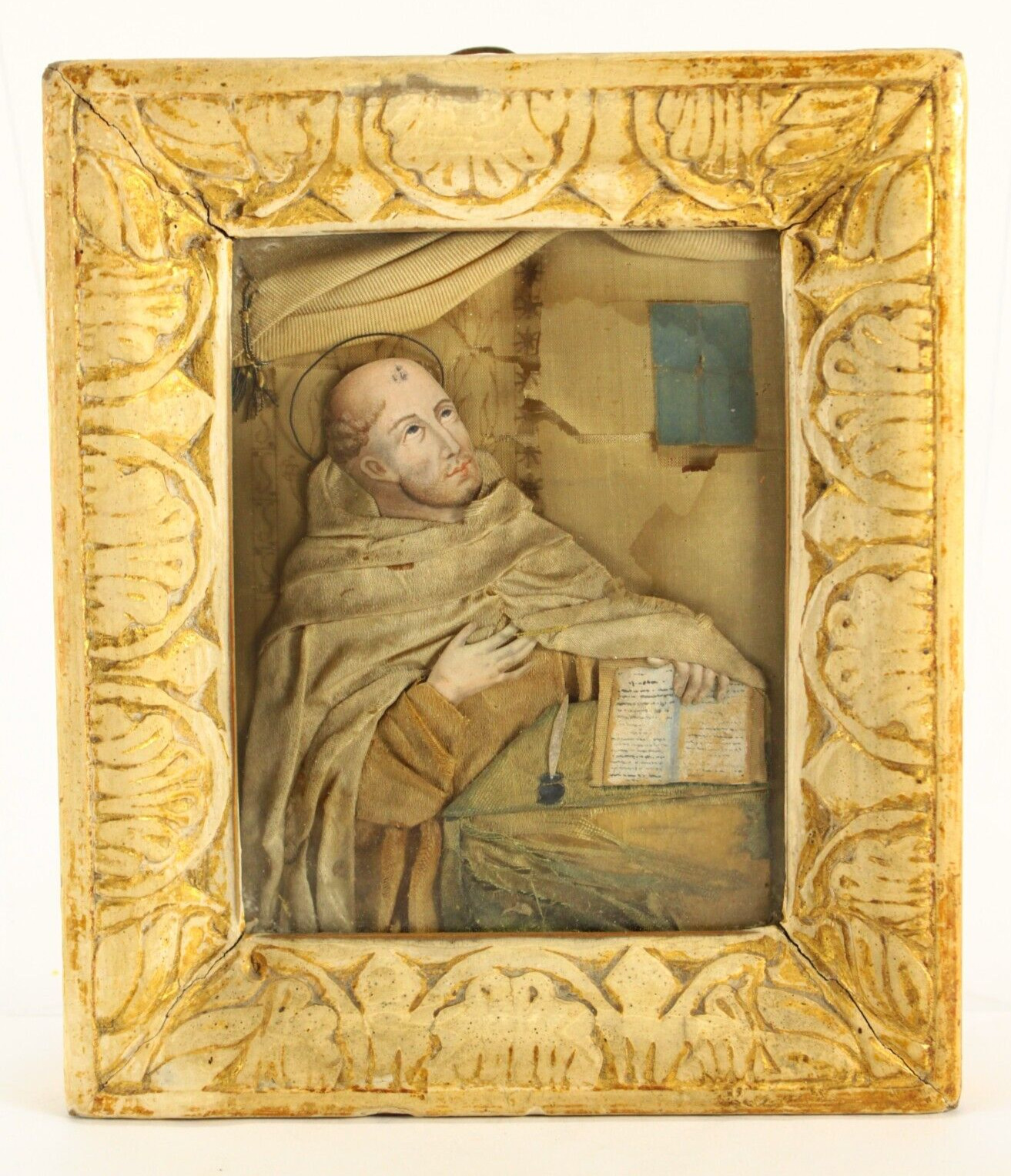 = 17th-18th C. Spanish Colonial Silk Diorama in Carved Frame, Saint Benedict