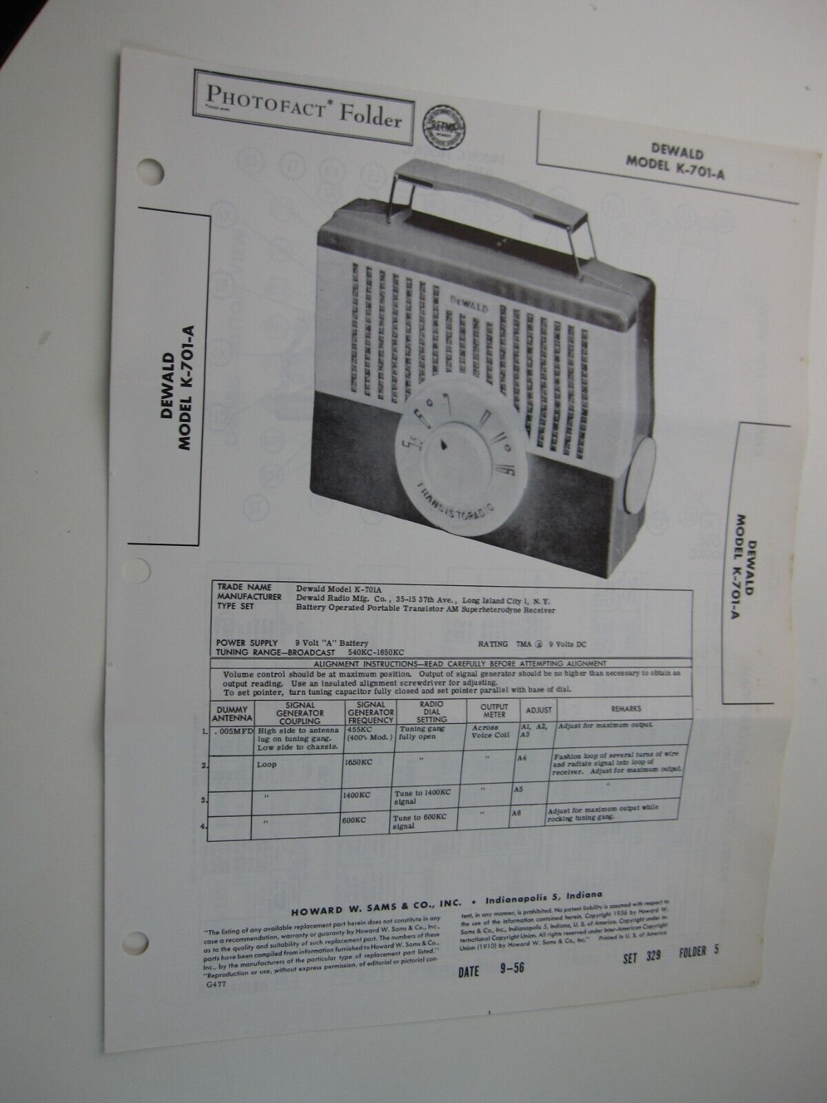 1950's Sams Photofact DEWALD Model K-701-A  BIS