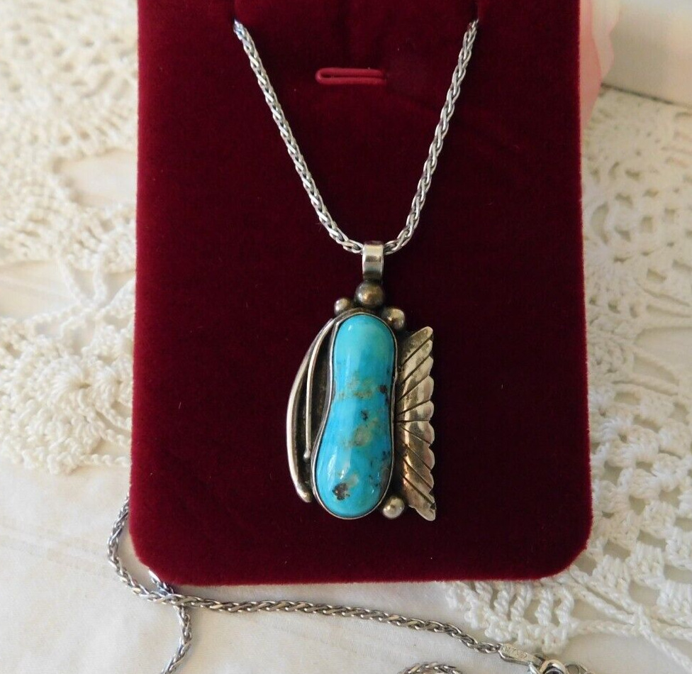 Native American Sterling Silver Turquoise Pendant Necklace 925 TG Sterling