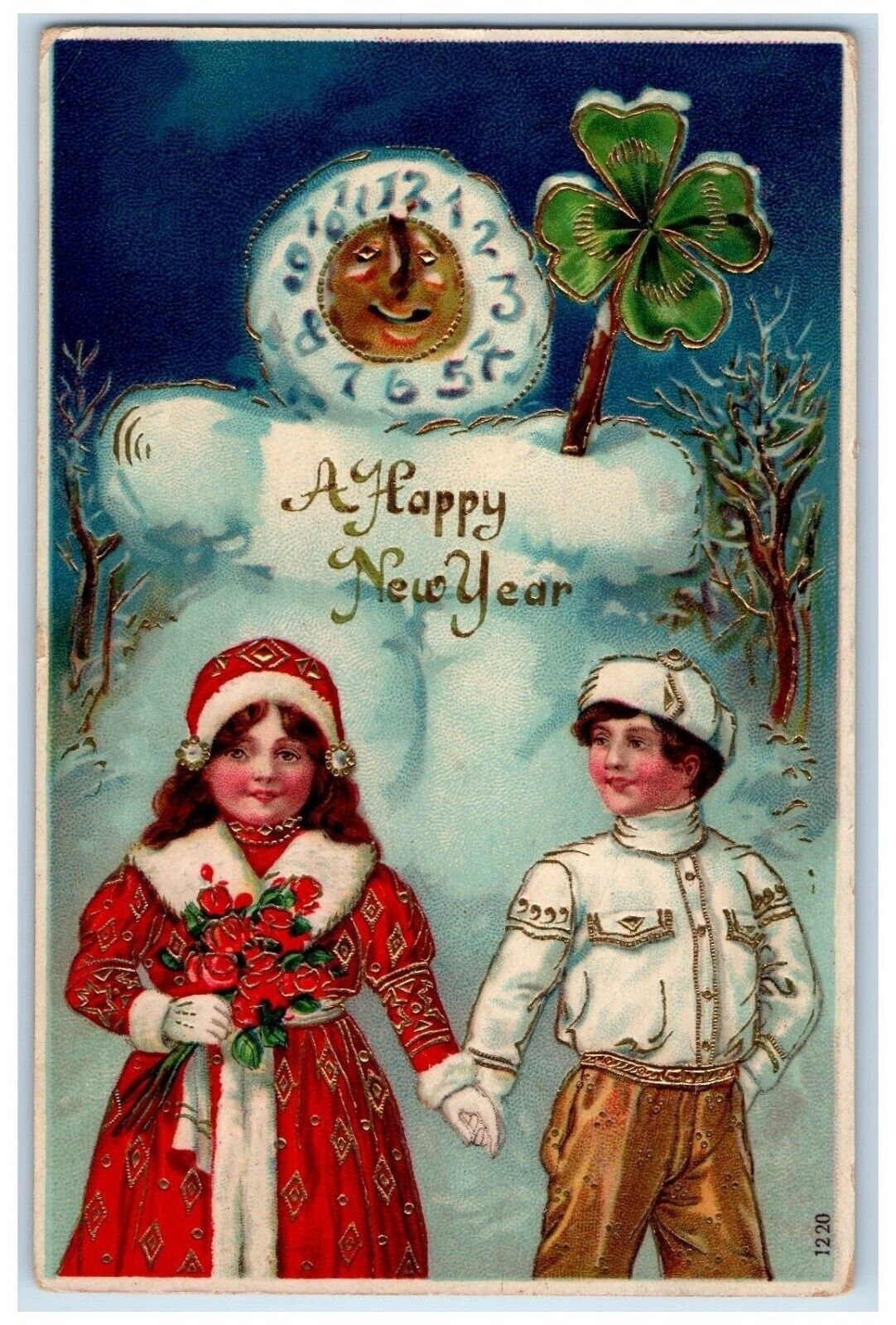 c1910\'s New Year Girl Boy Anthropomorphic Moon Clock Gel Gold Gilt Postcard