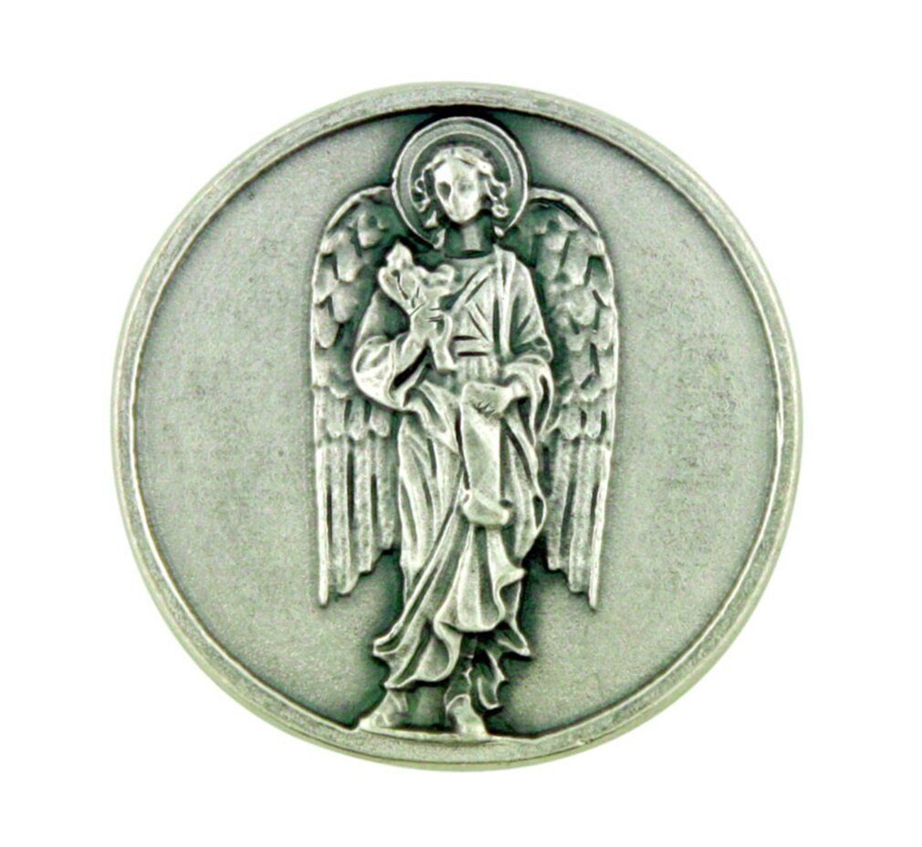 Archangel Saint St Gabriel Silver Tone Pocket Token with Prayer Back