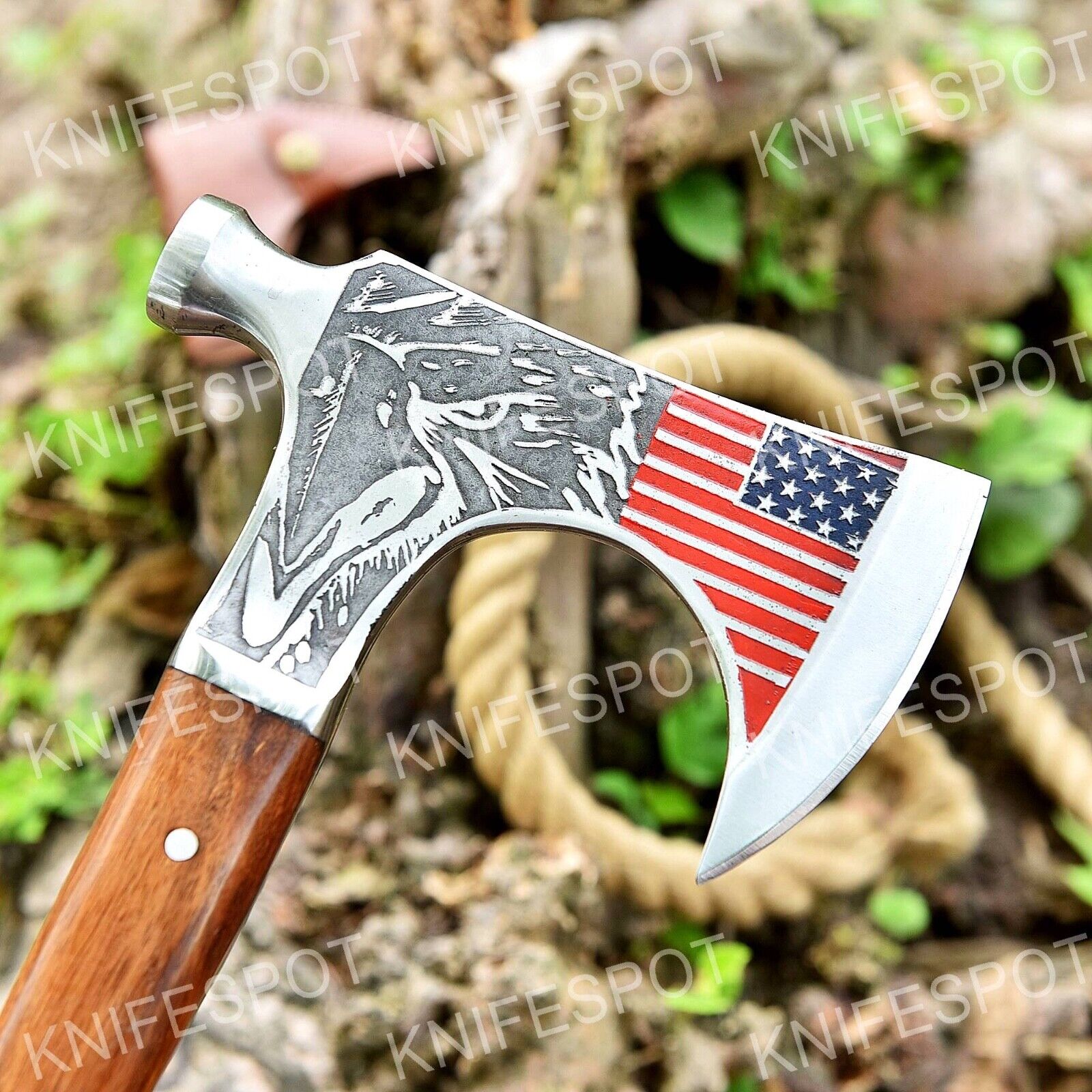 Handmade Viking Axe featuring a Striking American Flag Design With Leather Wrap