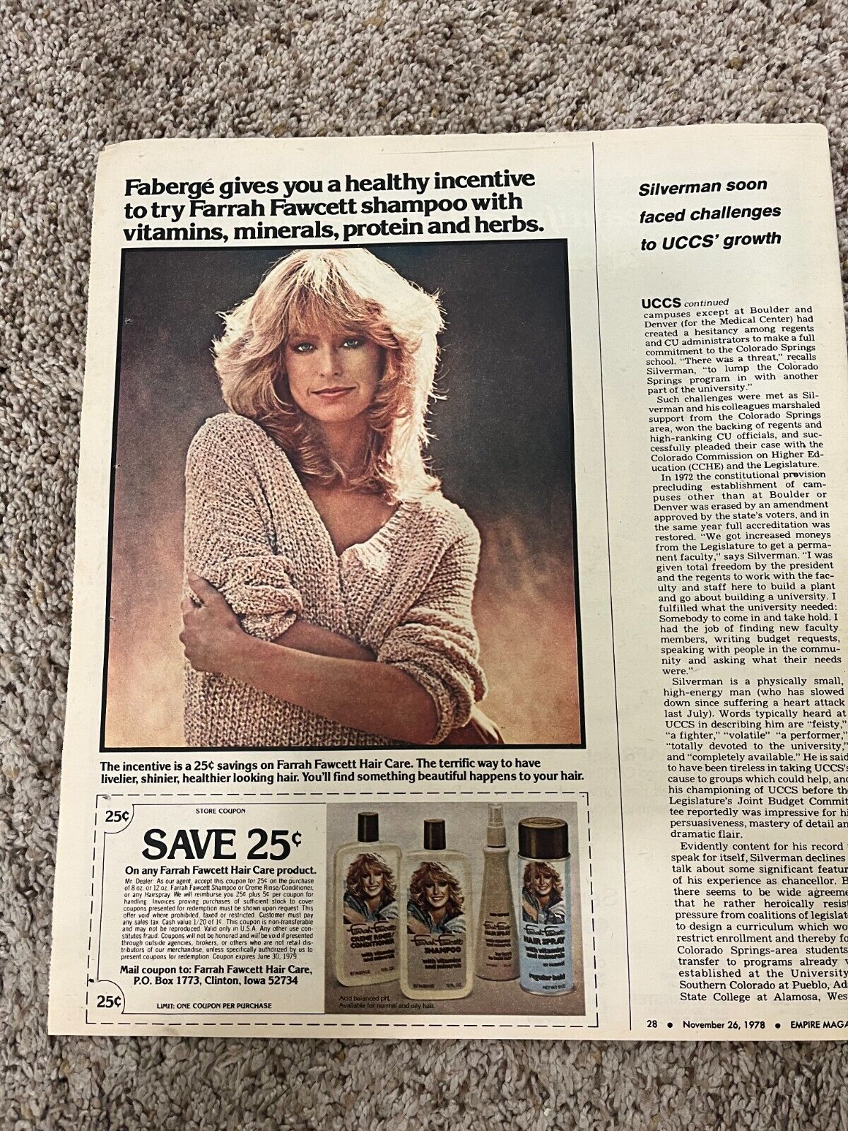 1978 FARRAH FAWCETT Hair Care Products Newspaper Print Ad & Coupon