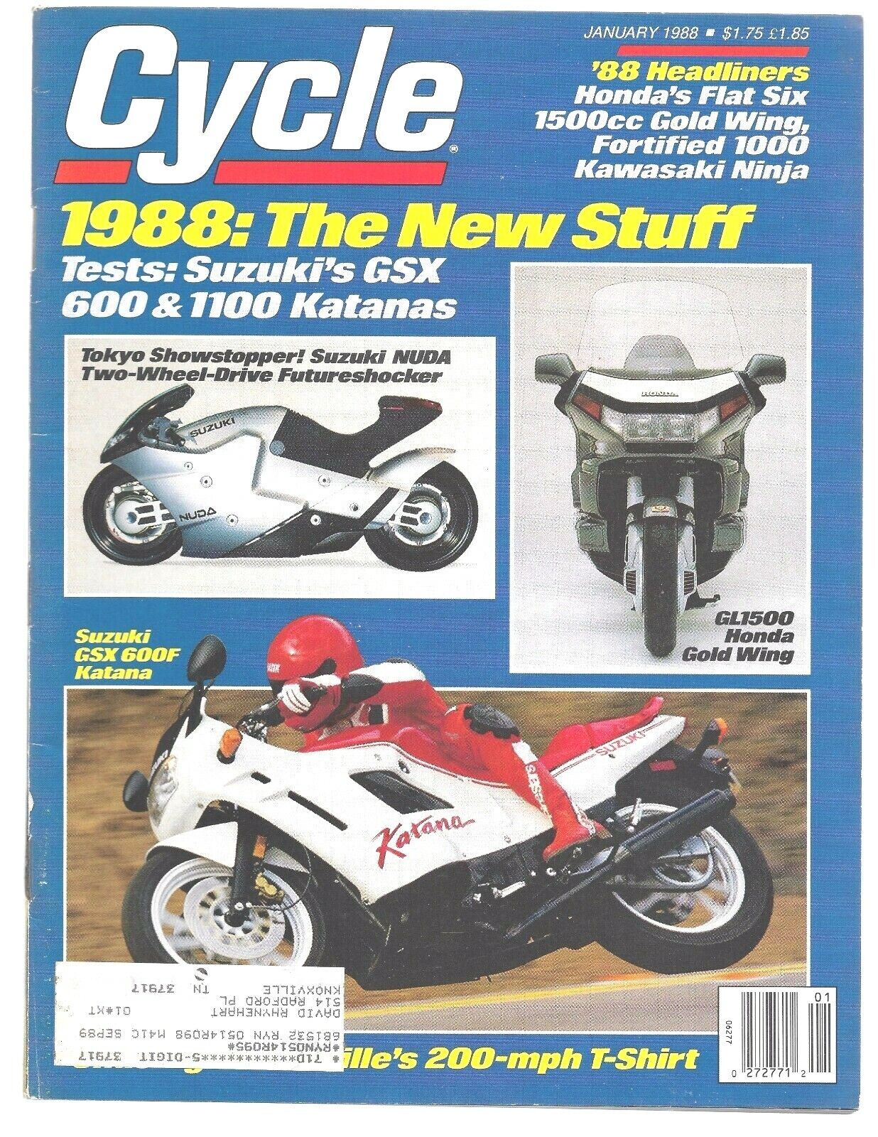 Cycle Magazine January 1988- Suzuki GSX1100F Katana, Honda CBR600 Hurricane