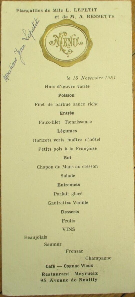 French 1931 Wedding Menu, Wine List, Restaurant Meyrueix, Paris, France
