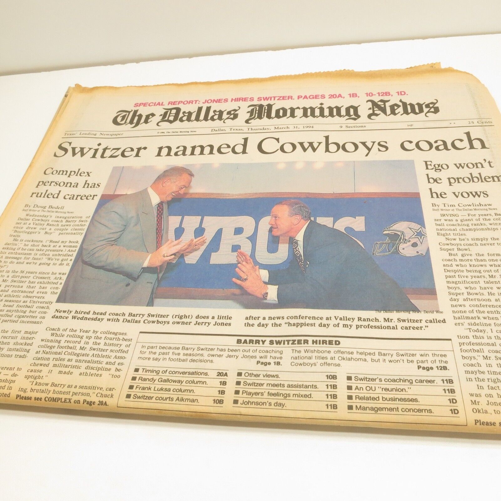 The Dallas Morning News March 31 1994 Barry Switzer Jerry Jones Dallas Cowboys