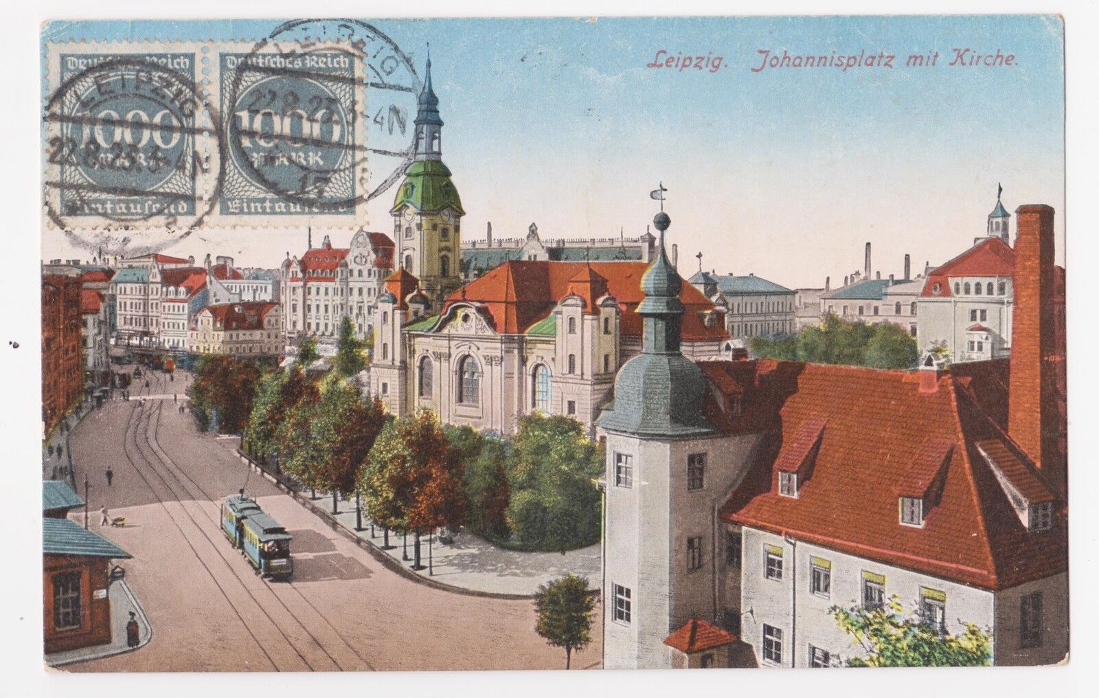 Leipzig,Germany,Johannisplatz mit Kirche,Trolley Car,Saxony,Used,Leipzig,1923