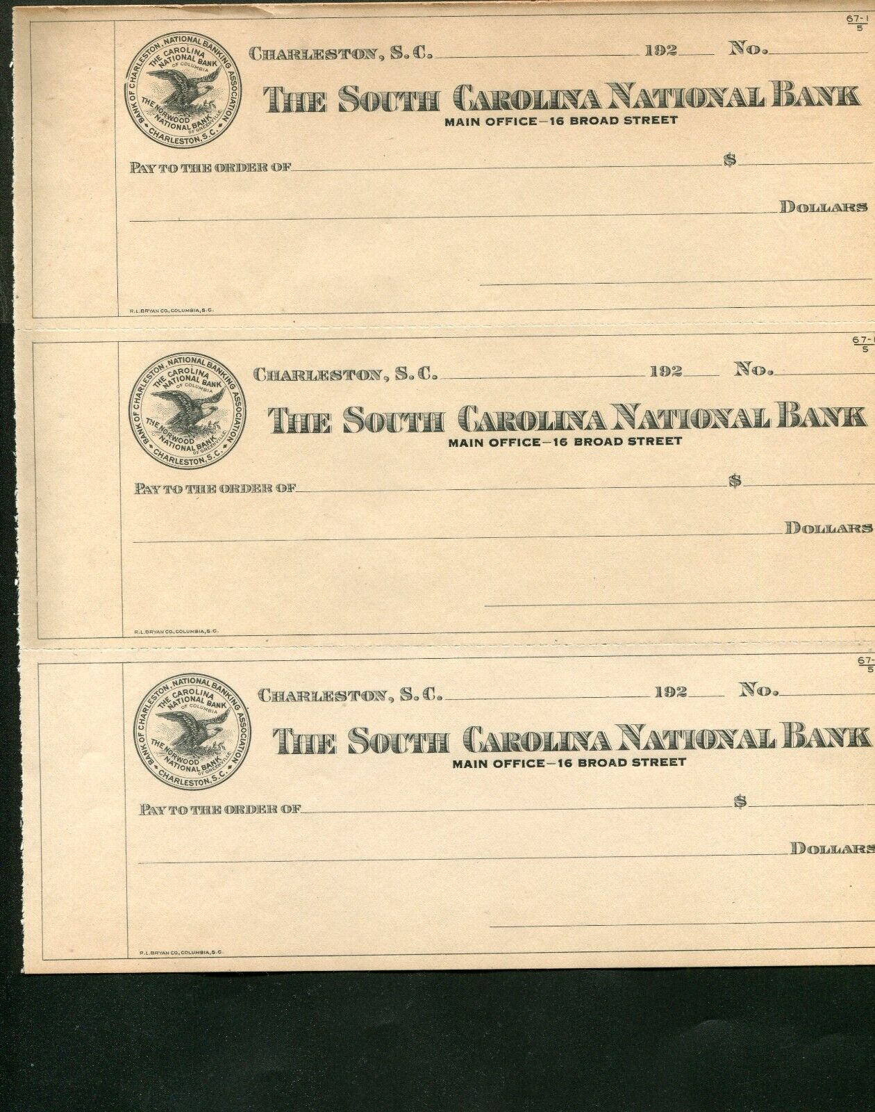 1920\'s THE S. C. NATIONAL BANK  CHARLESTON SC SHEET OF 3 UNUSED ORIGINAL CHECKS