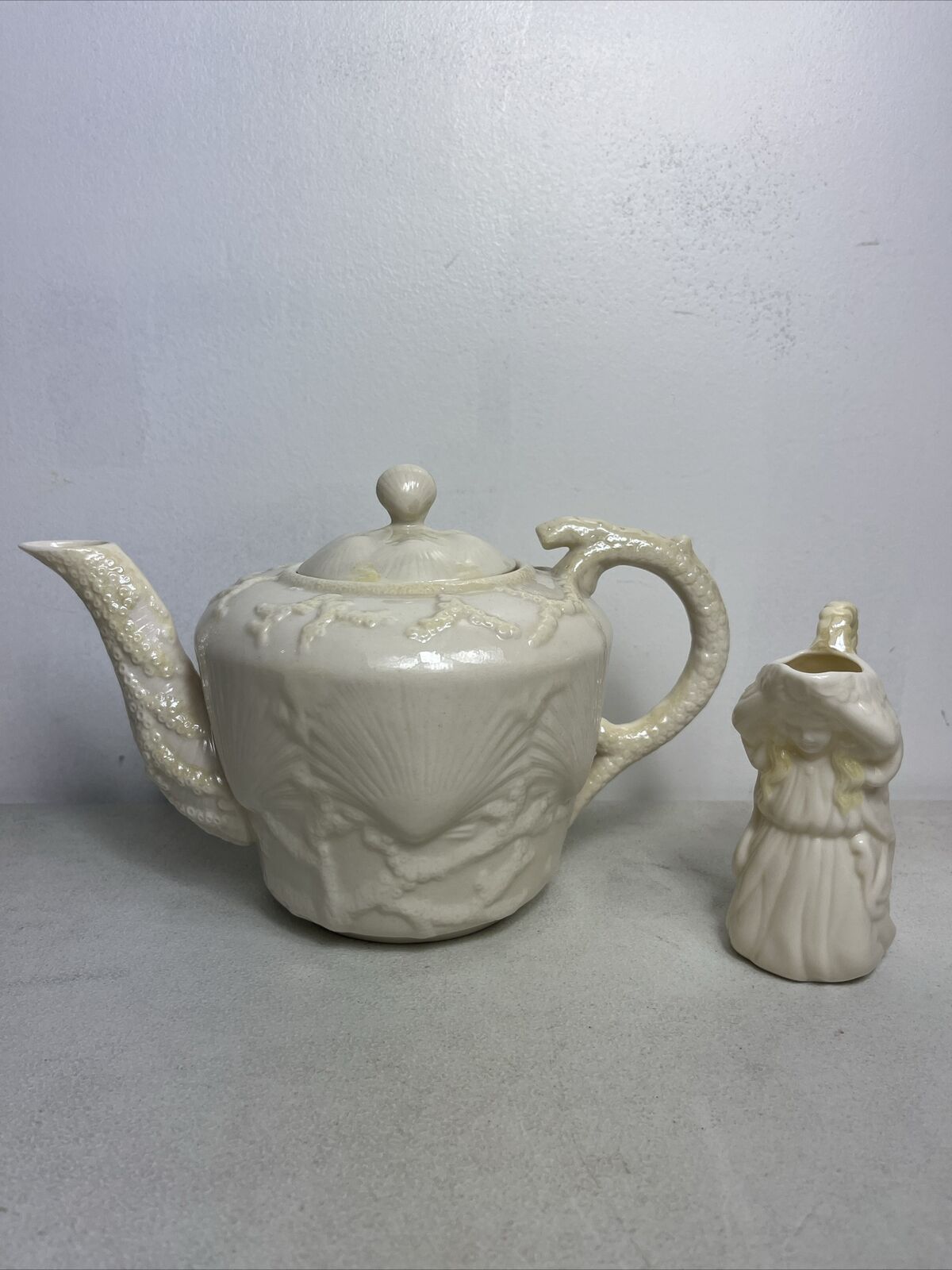 Vintage 1946 to 1955 Belleek Pottery Shell Teapot & Small Pitcher Ireland Marked