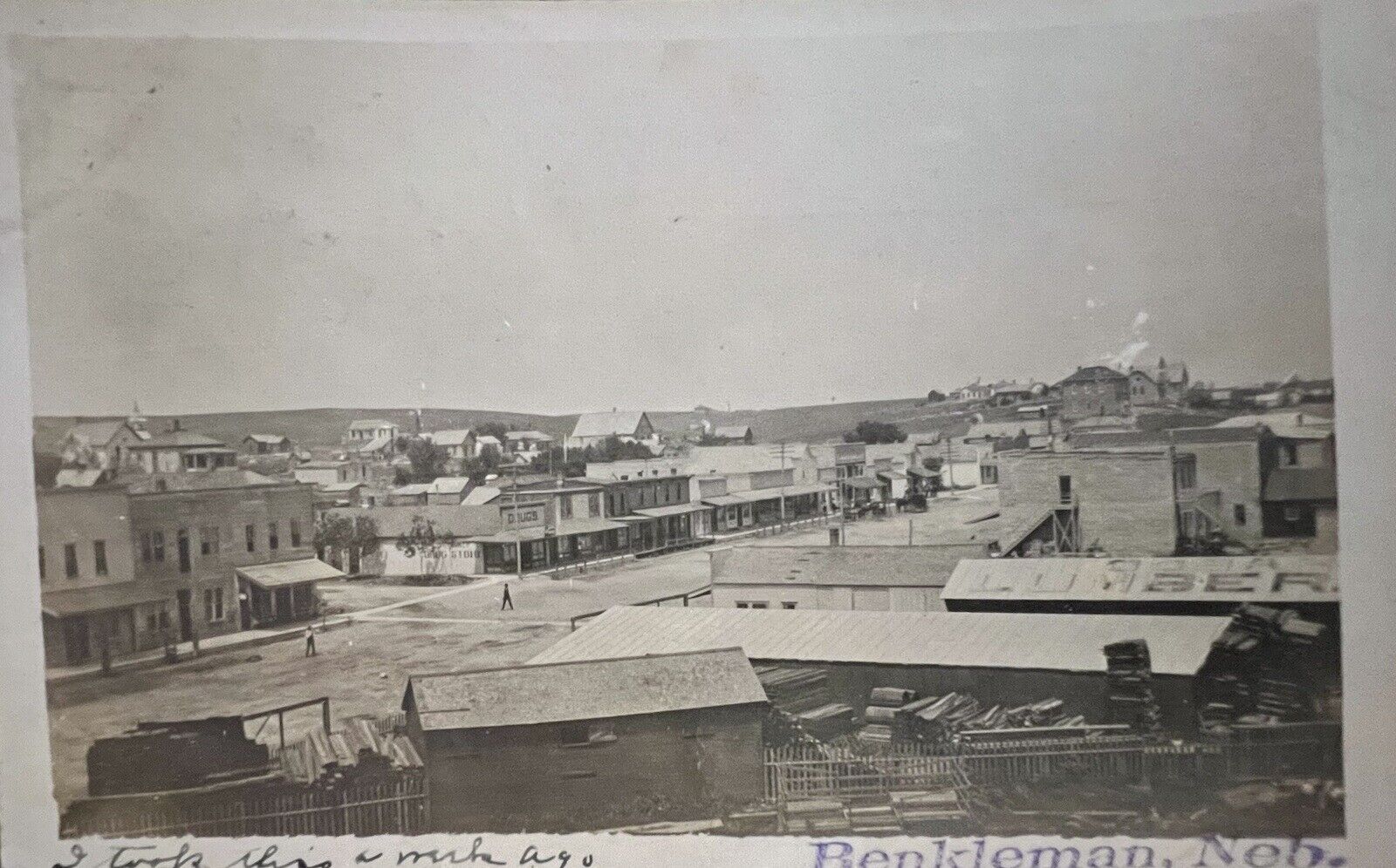 1907 Real Photo Postcard RPPC BENKLEMAN, NEBRASKA NE Small Town USA Horses Buggy