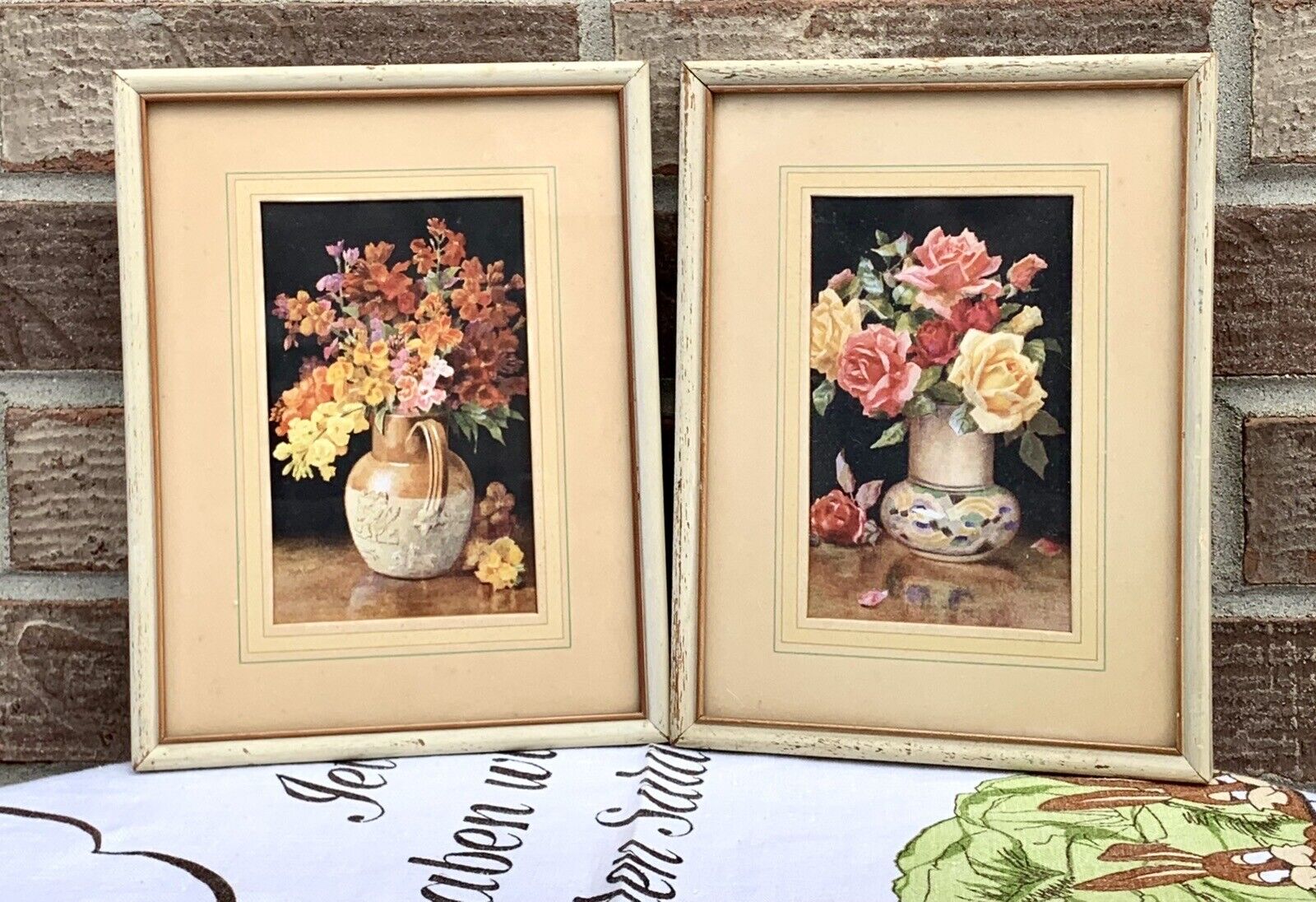 Pair 1950’s Cream Wood Frames 6.5”x8.5” Wall Art With Floral Prints  A.S.Foster