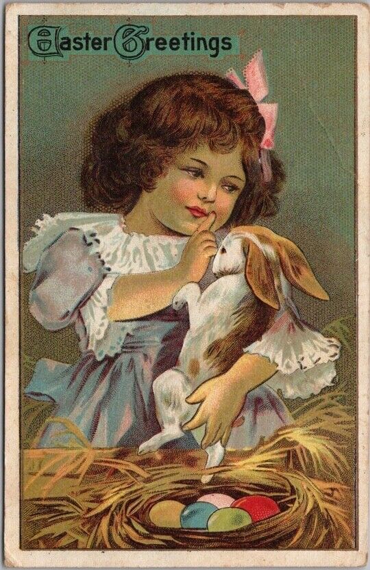 1910s EASTER Postcard Girl Shushing the Bunny She\'s About to Put Down - UNUSED